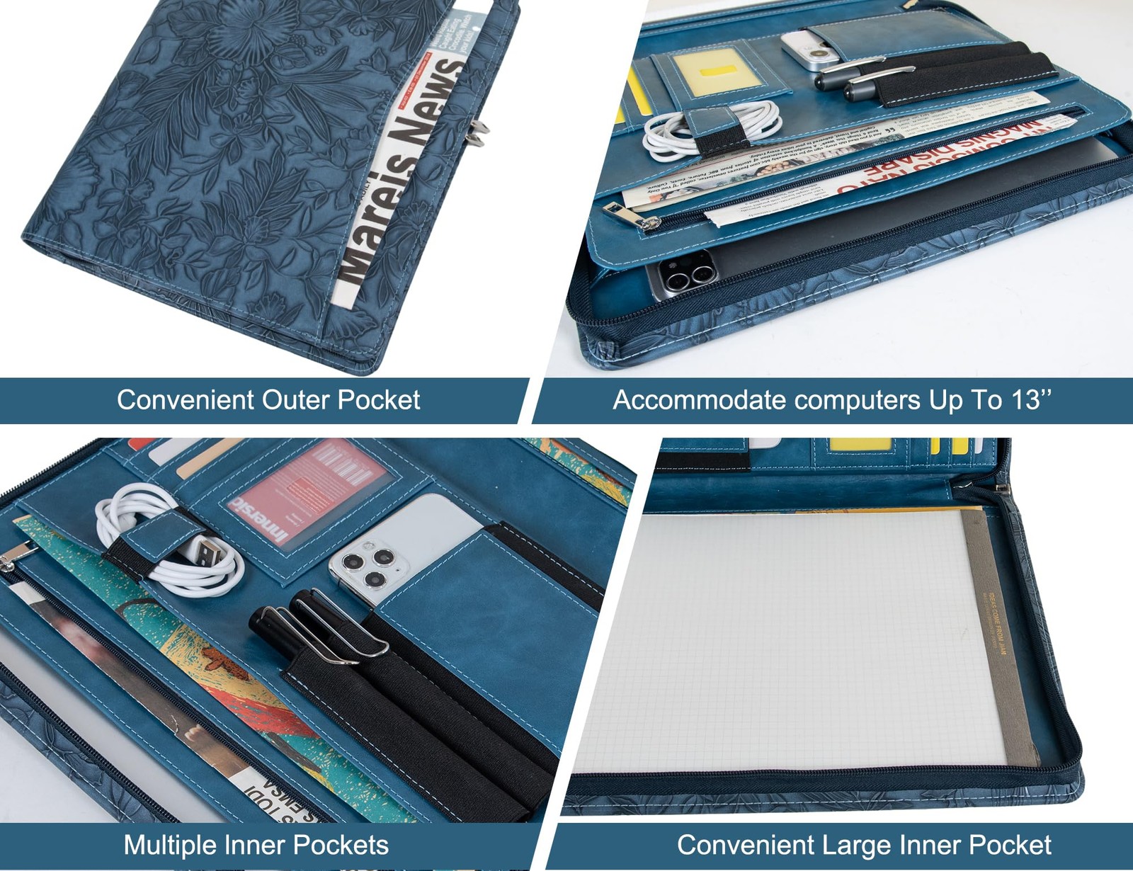 Leather Padfolio Folio, Embossed PU Leather Portfolio with Zipper, Profession…