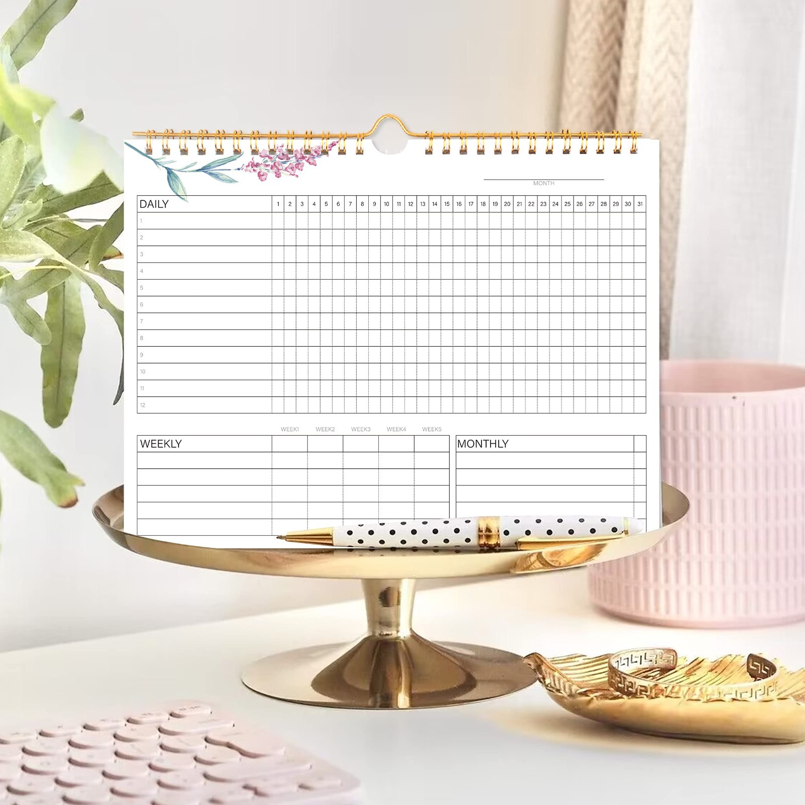Spiral Habit Tracker, 8×10 Undated Calendar, Goal Setting Planner, Green