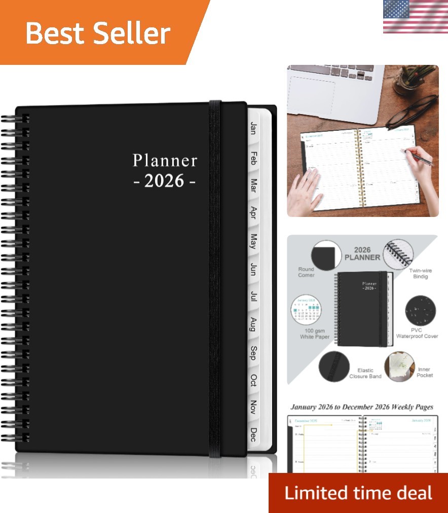 Sleek Black-E 2026 Planner: Compact Weekly & Monthly Organizer, 6.4″ x 8.5″
