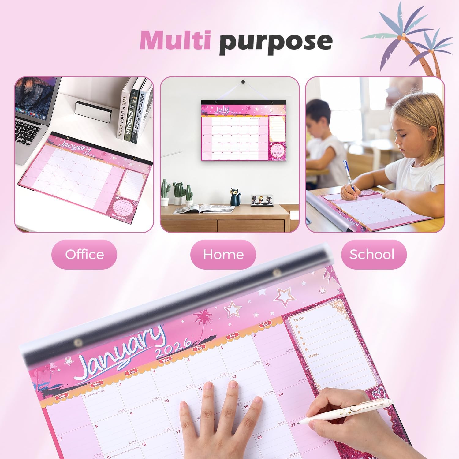 Desk Calendar 2026 with Clear Waterproof Cover 17 x 12 inch 18 Months Pink