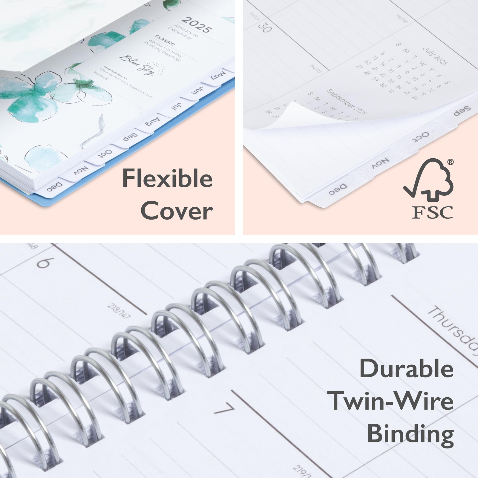 Blue Sky 2025 Weekly Monthly Planner Calendar 5×8 Flexible Cover Wirebound