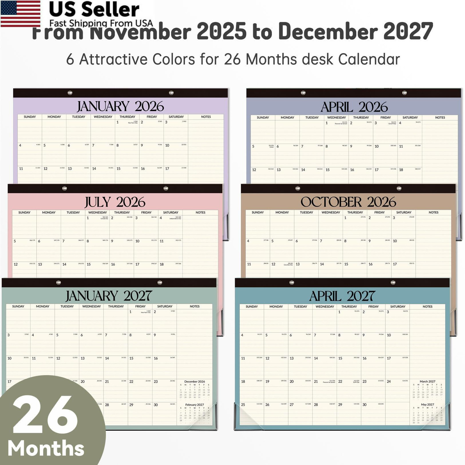 Forvencer Desk Calendar 2026, 26 Months 17 x 12″- (Nov 2025-Dec 2027), Green