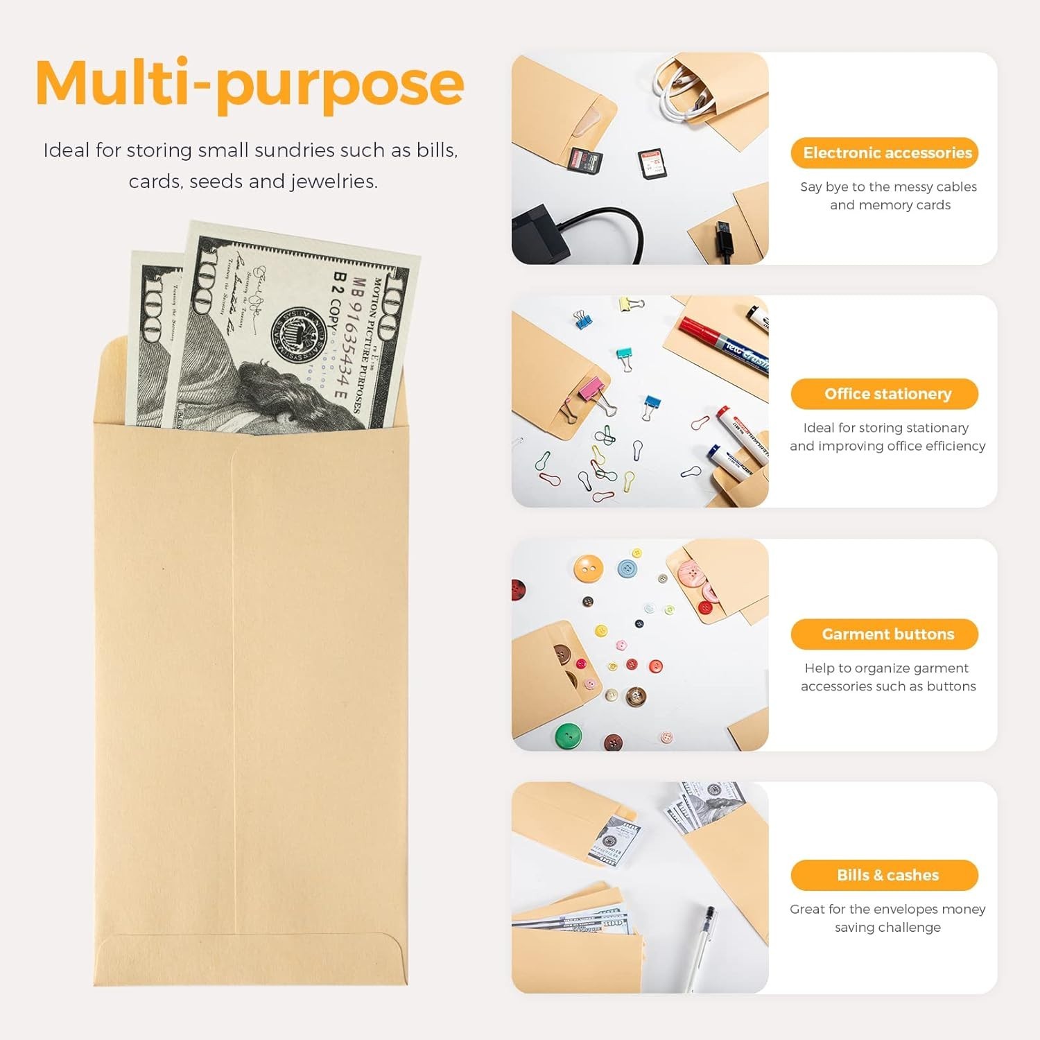 Elegant 100-Pack Brown Kraft Cash Envelopes 3.5×6.5 for Budgeting & Savings