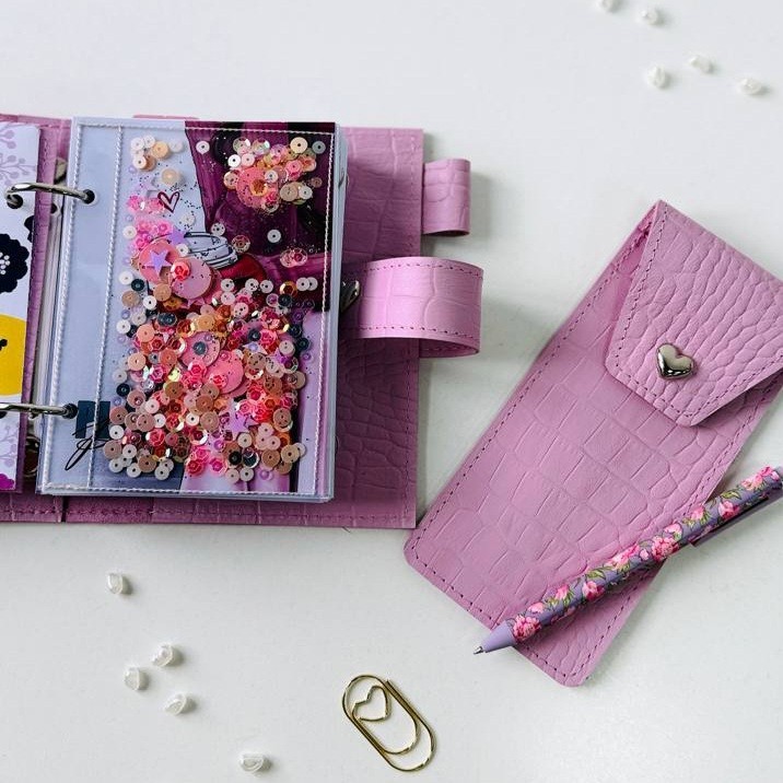 Luxury Genuine Leather Mini Planner Set – Pocket Size A7 – Lilac Croc Embossed