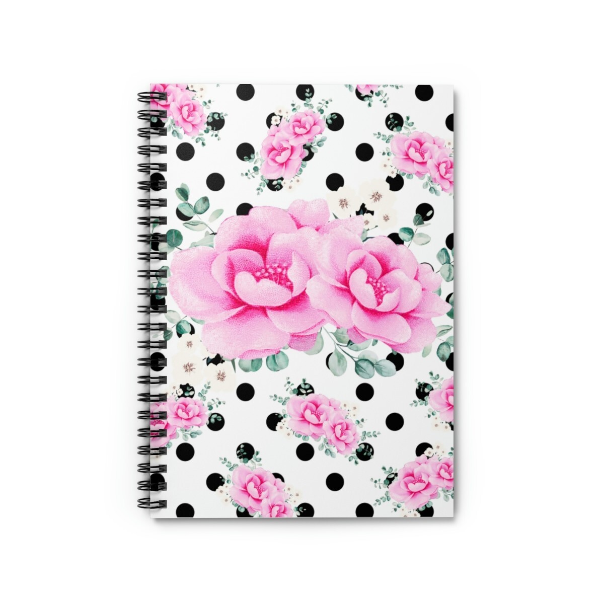 Small Spiral Notebook-Magenta Pink Floral-Black Polka Dots-White