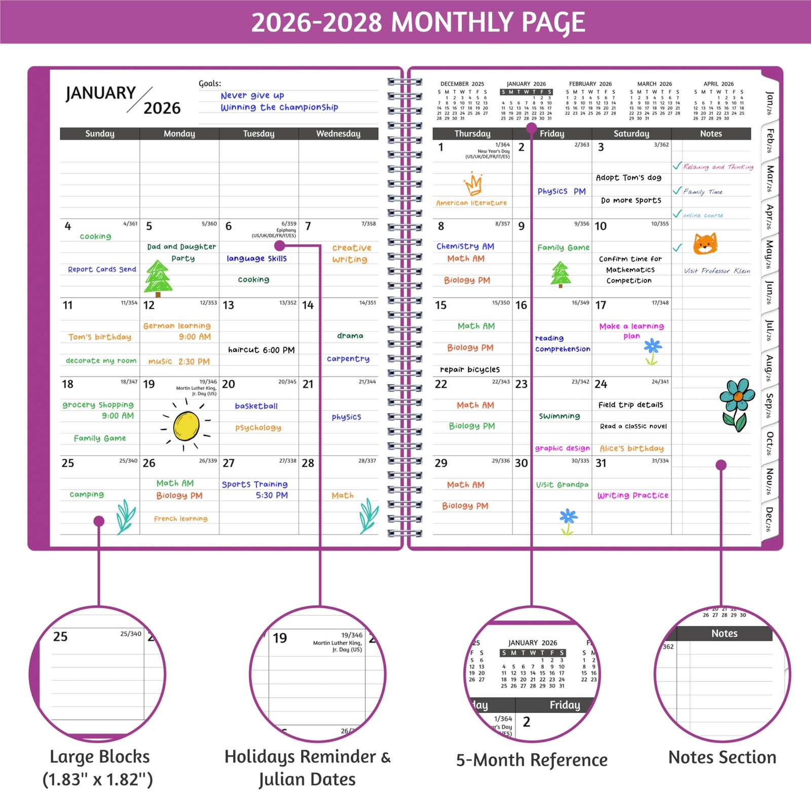 Monthly Planner 2026-2028, 36 Months Calendar Letter, Purple