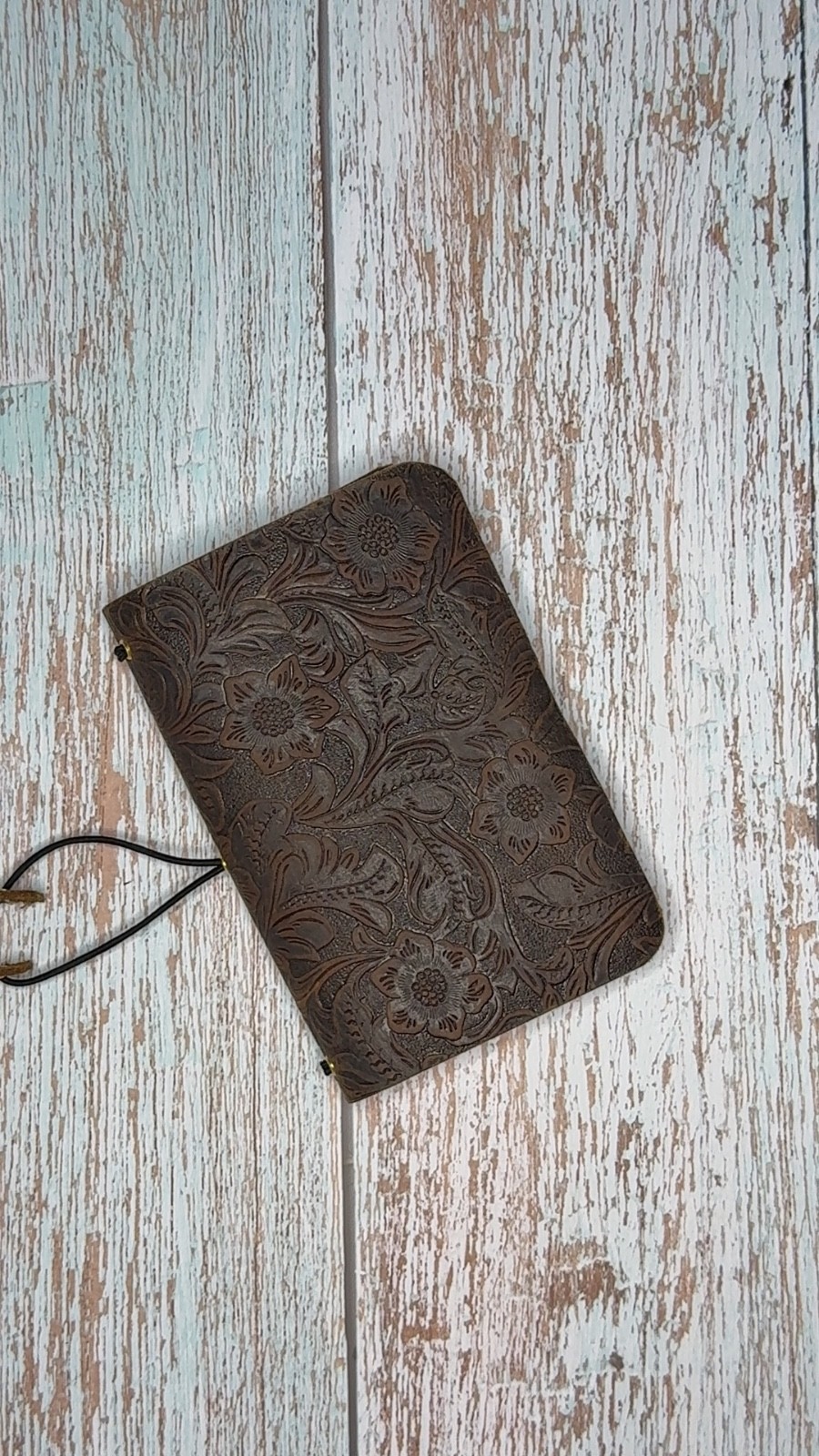 Handmade embossed brown leather pocket journal, refillable, 3 blank inserts