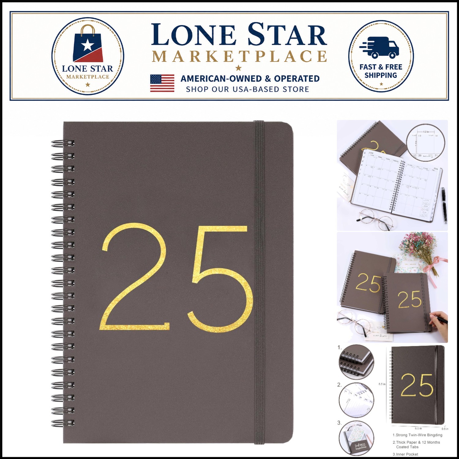 2025 Planner with Twin-Wire Binding – Weekly & Monthly Views, Grey Cover