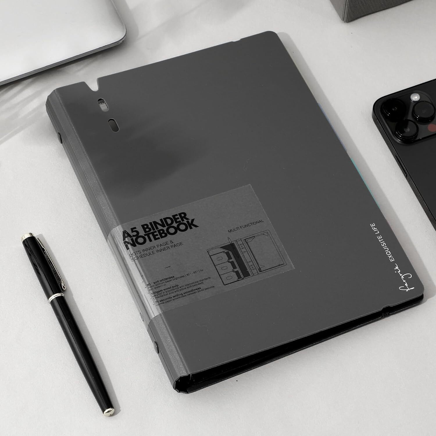 CAGIE A5 Binder 6 Ring Notebook with Dividers Daily&Dot Page, Grey
