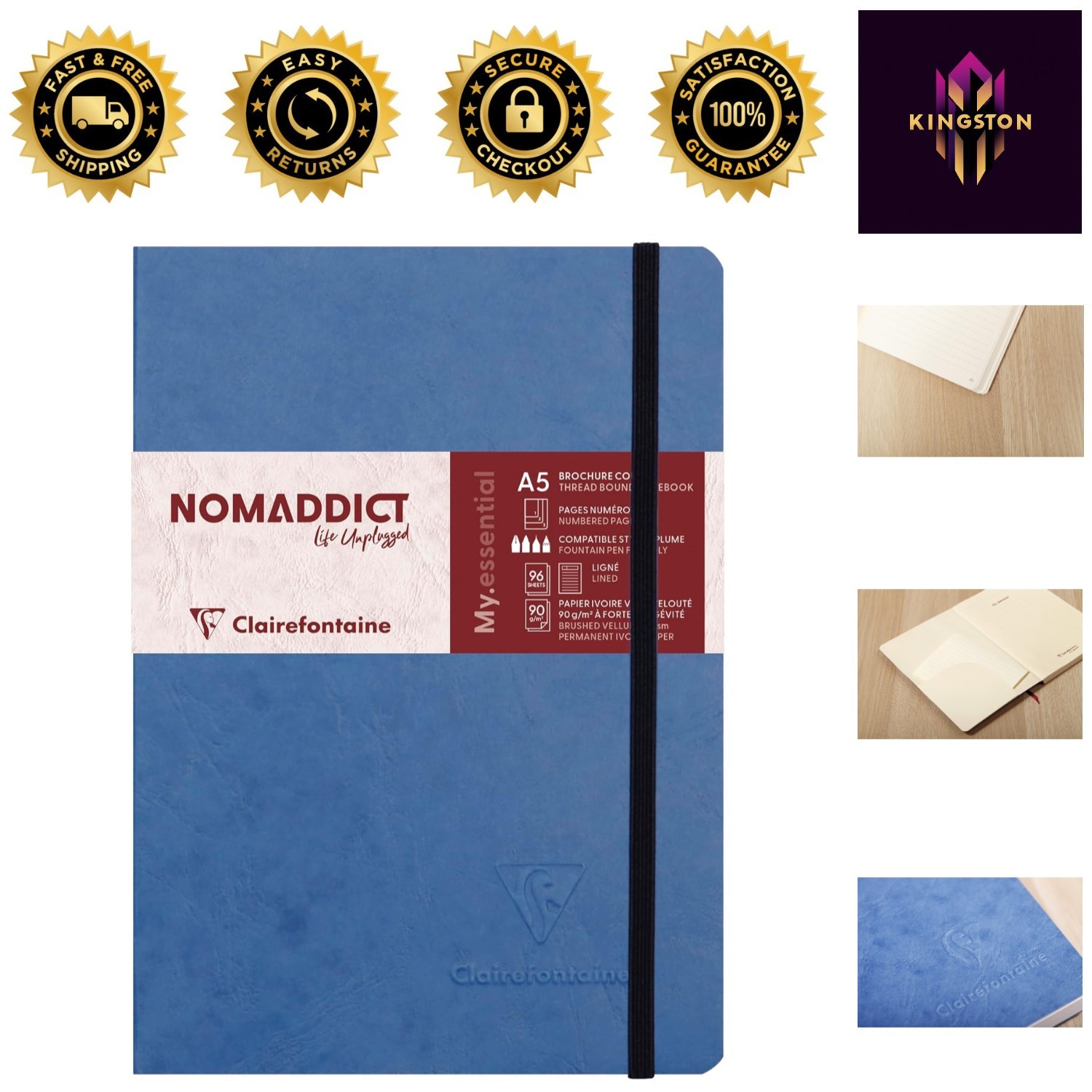 Luxury A5 Thread-Bound Notebook: 192 Lined Pages with Storage Features – Blue