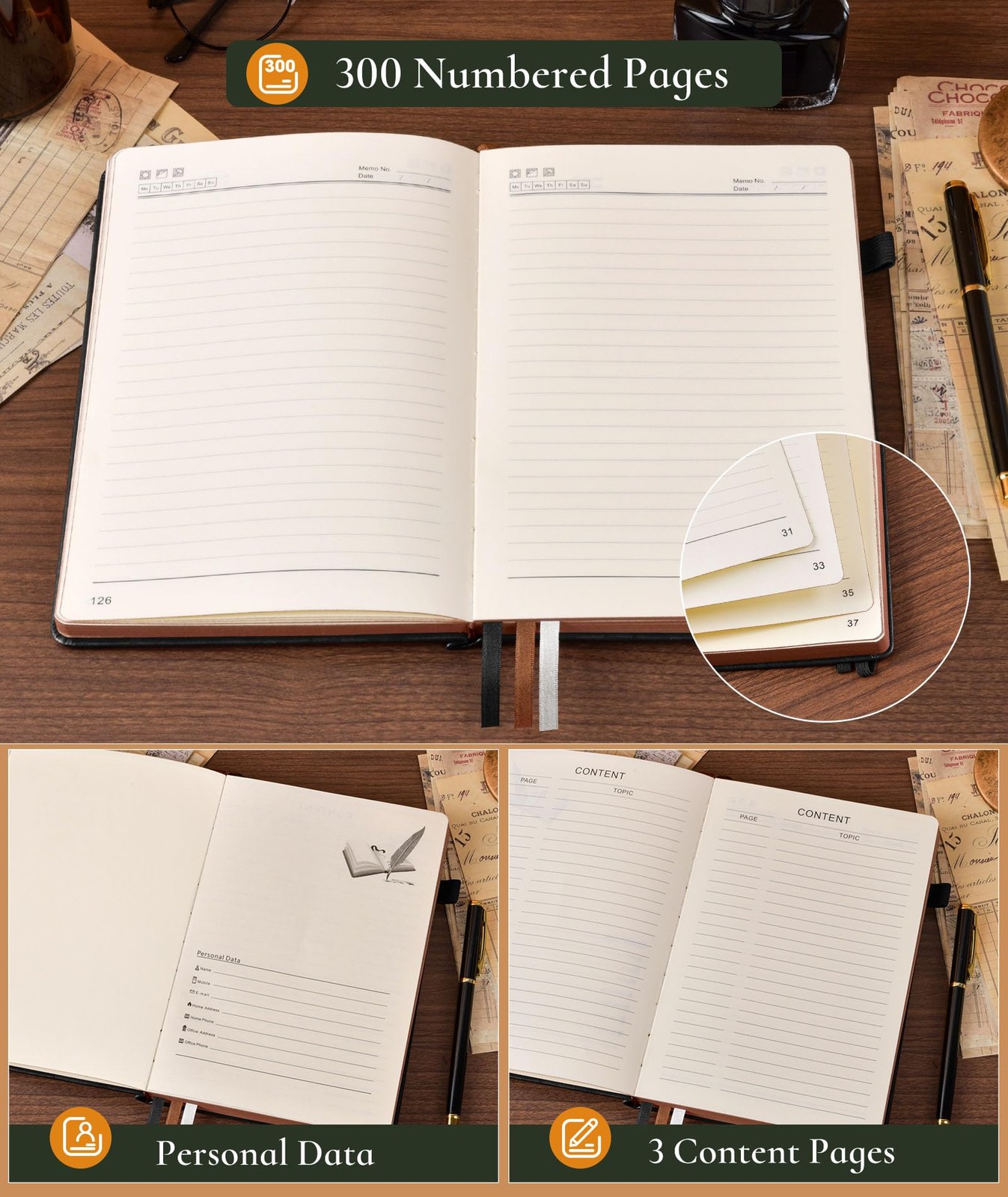 Vintage Leather Journal with 300 Numbered Pages,A4 A4 (8.5in X 11.3in), Black