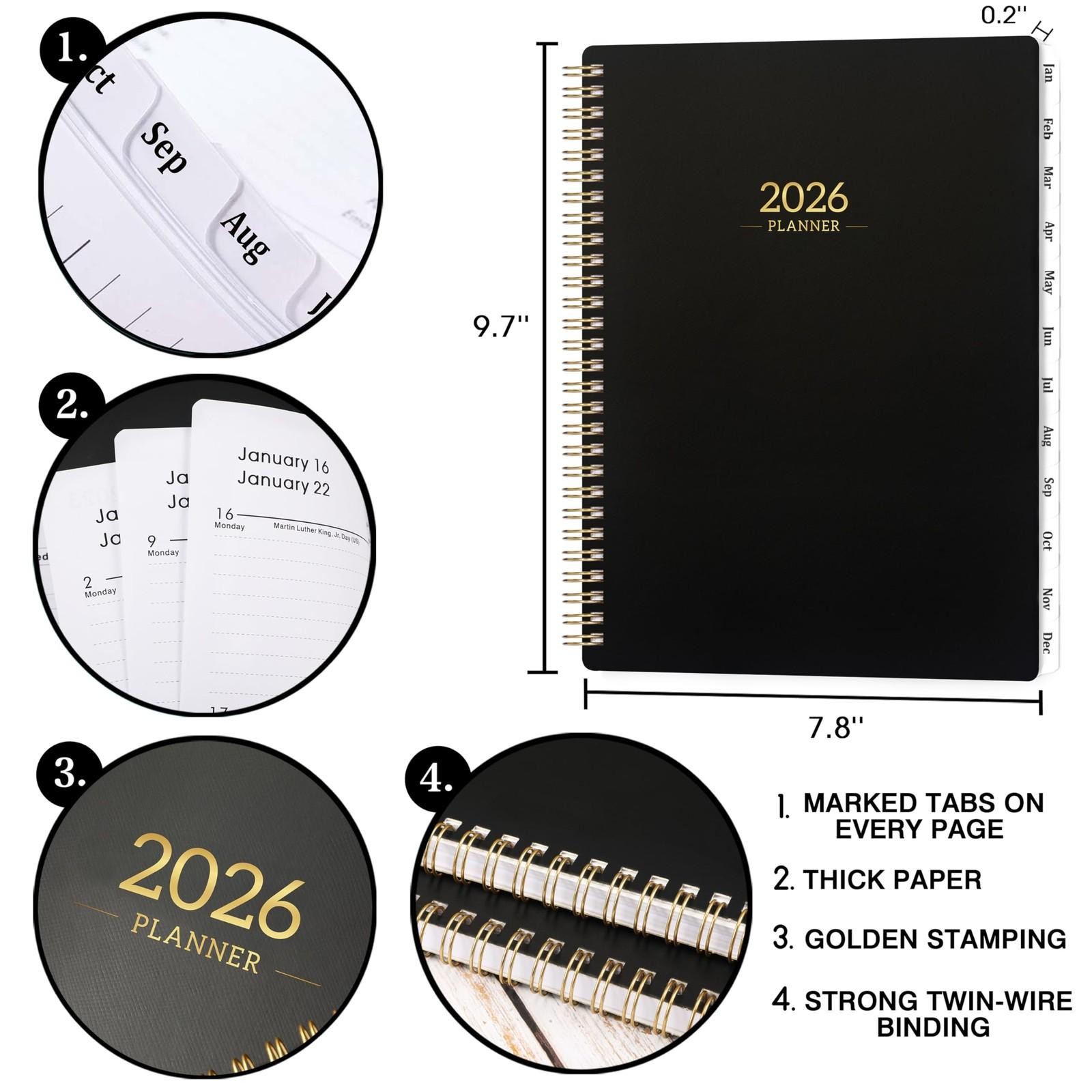 2026 Planner 8×10 Black Weekly Monthly Scheduling Organizer with Twin Wire Bi…
