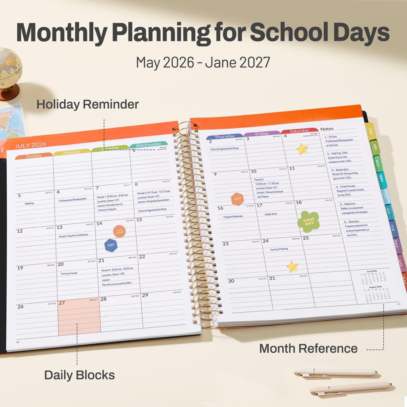 SUNEE Deluxe Teacher Planner 2026-2027, Lesson Book Letter, Black