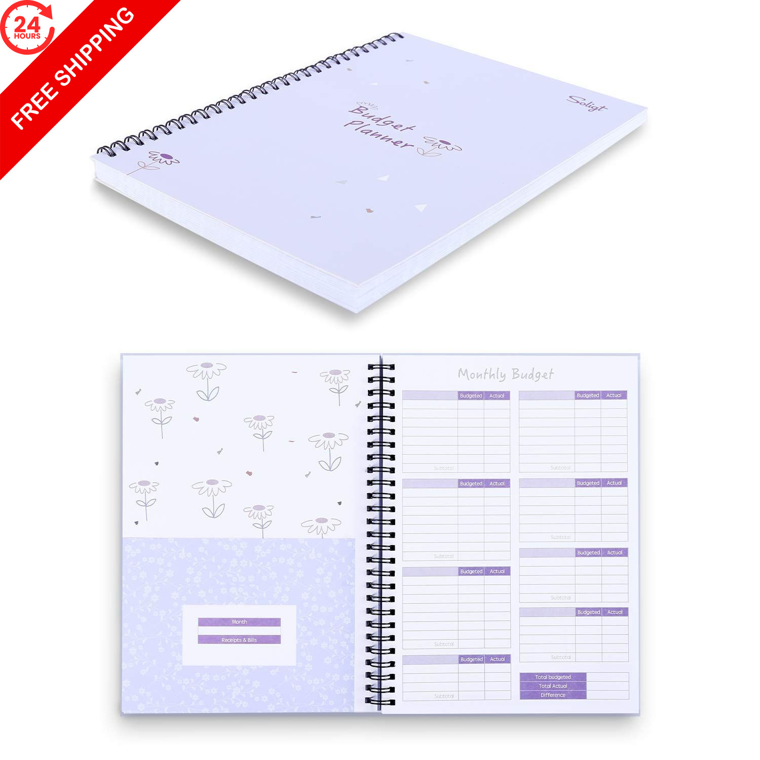 Monthly Budget Planner Book (Undated) with 12 9.25 x 6.81″, Purple Floral