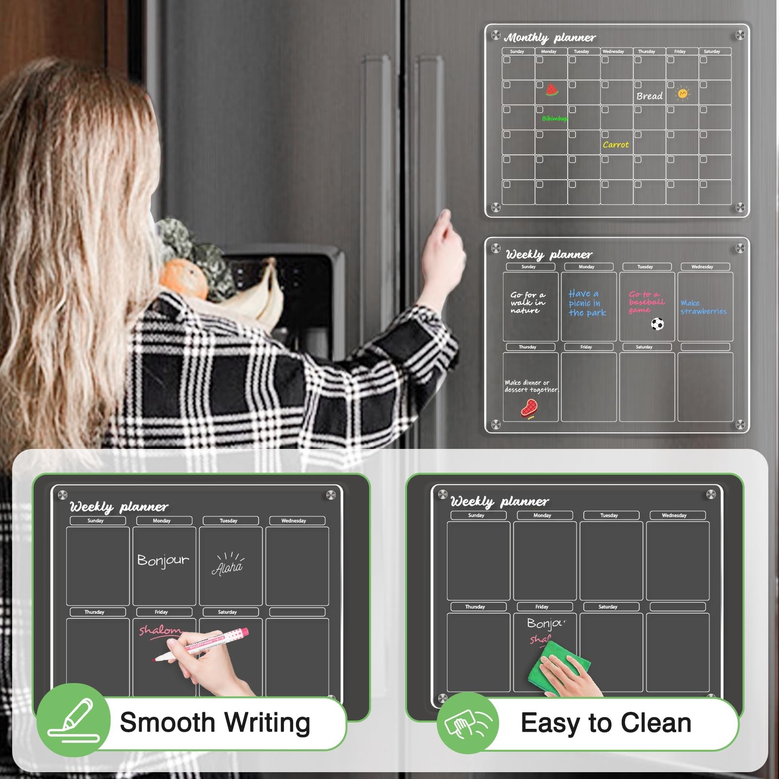 WALGLASS Acrylic Calendar for Fridge, Monthly 12″ x 16″, + Clear Set