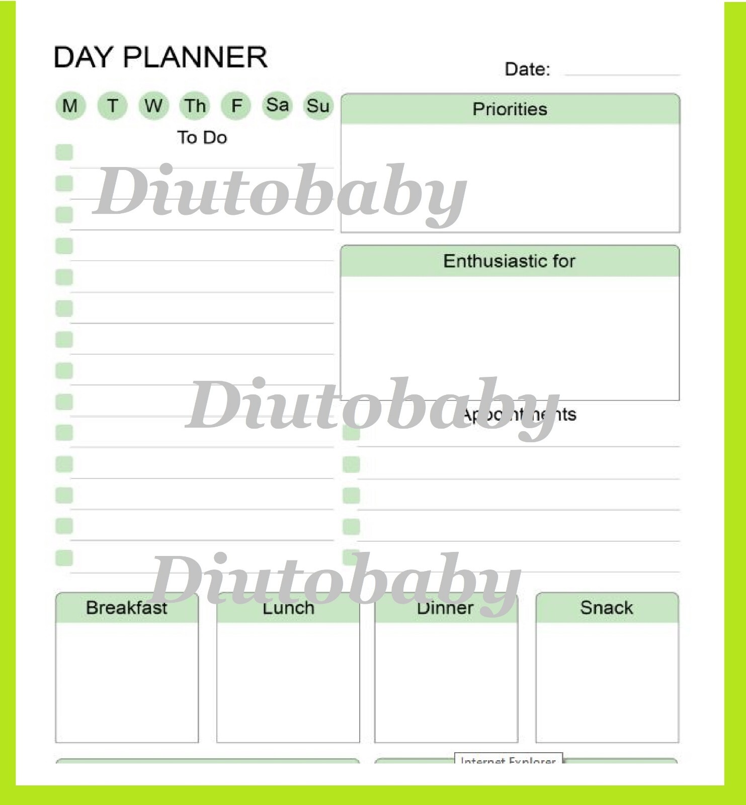 Printable PDF Day Planner Meal Fitness And mood Tracker Log. Download