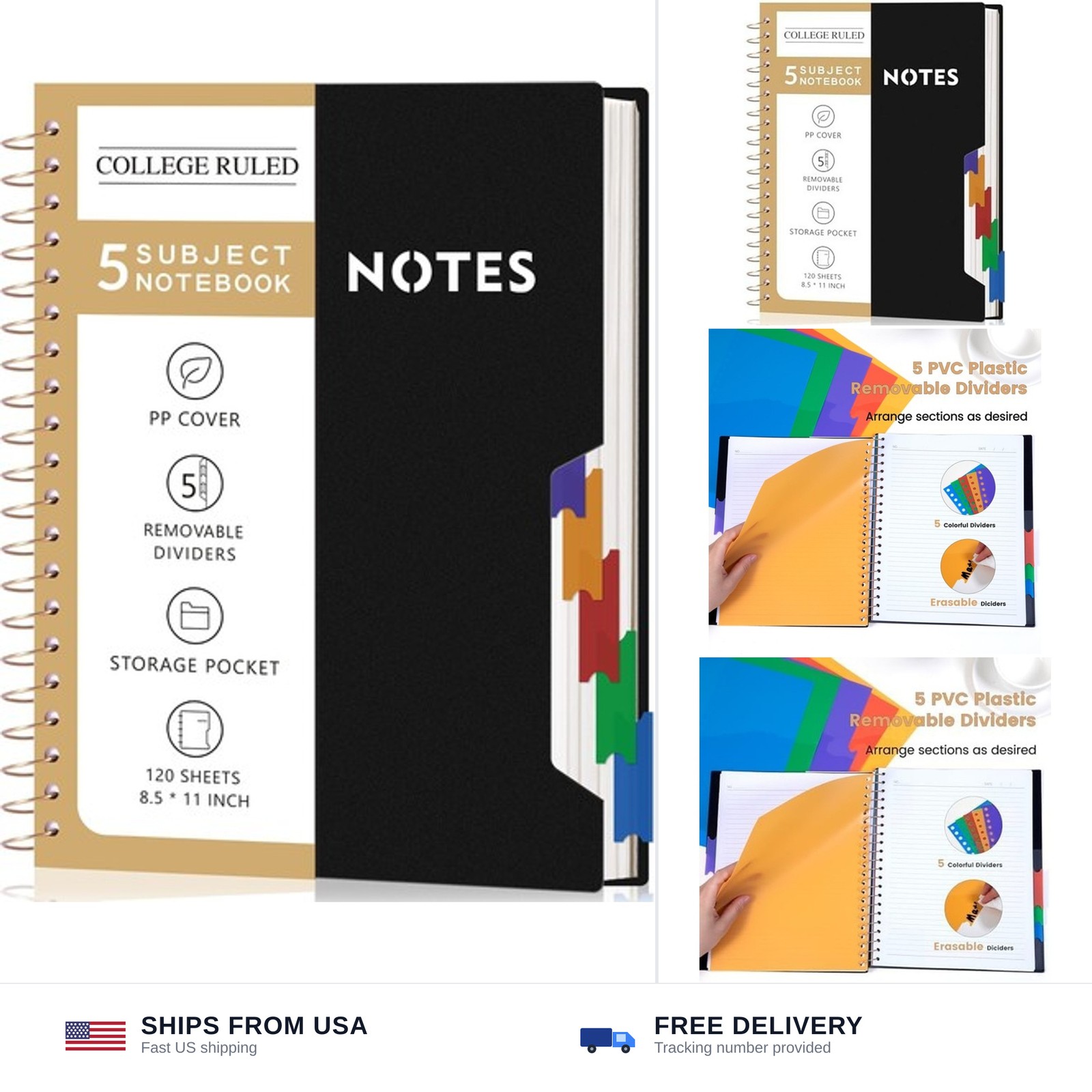 CAGIE 5 Subject Spiral Notebook with Dividers for School Work, 8.5” x 11” | R…