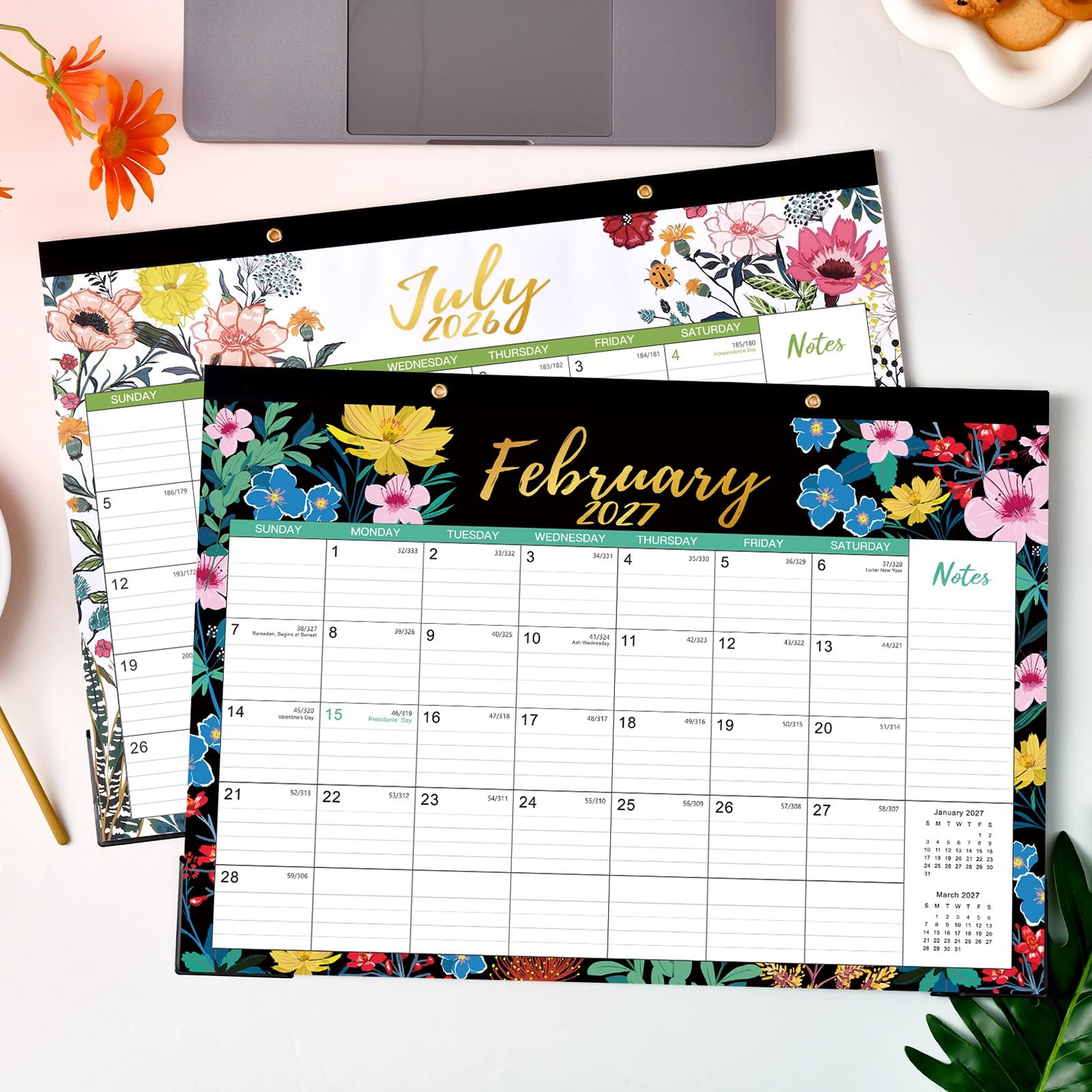 Desk Calendar 2026-2027 – Jul 2026 – Dec 17” x 12” – Flowers, Multicolor