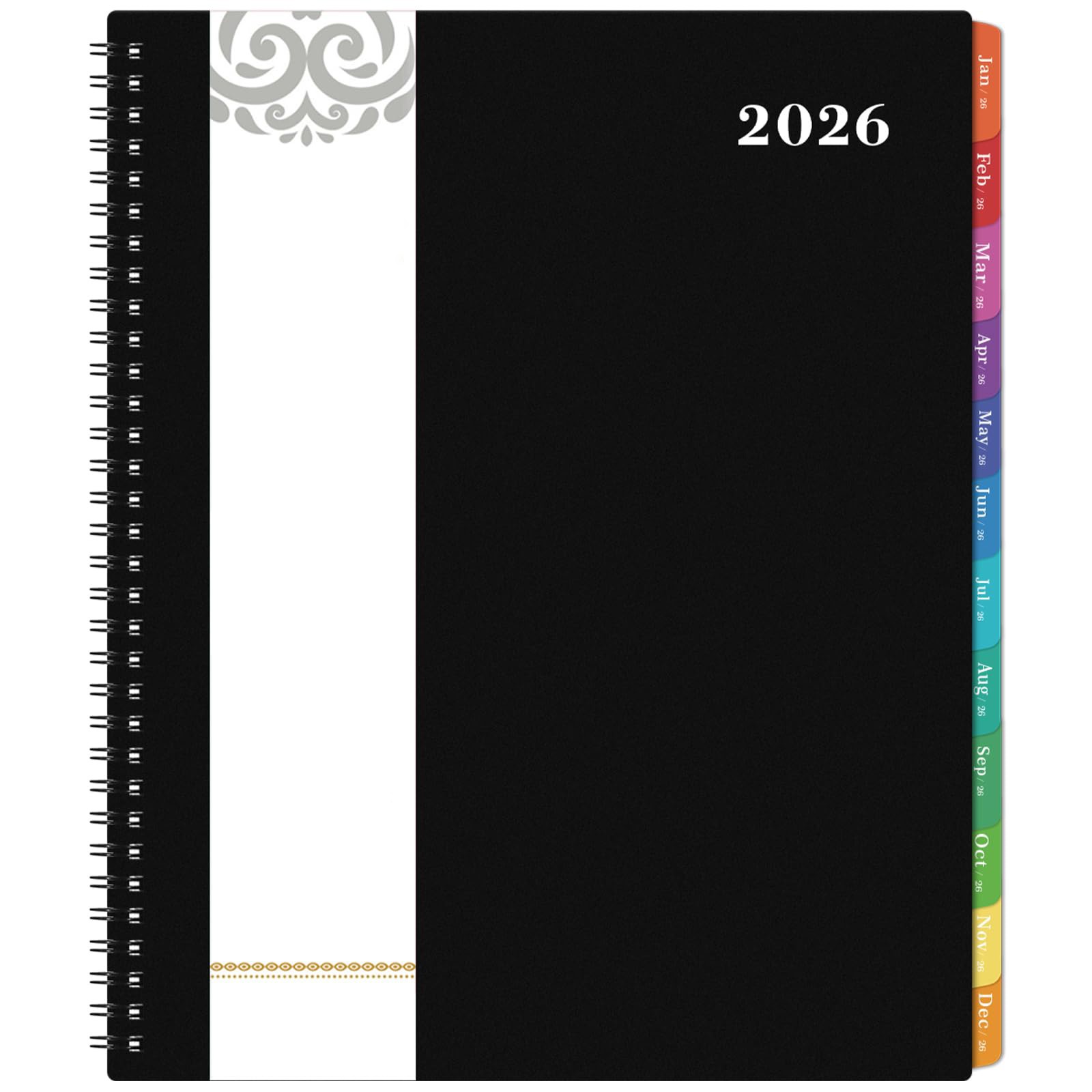 12 Month Planner 2026, Jan Dec Calendar With Tabs, Contacts, Black