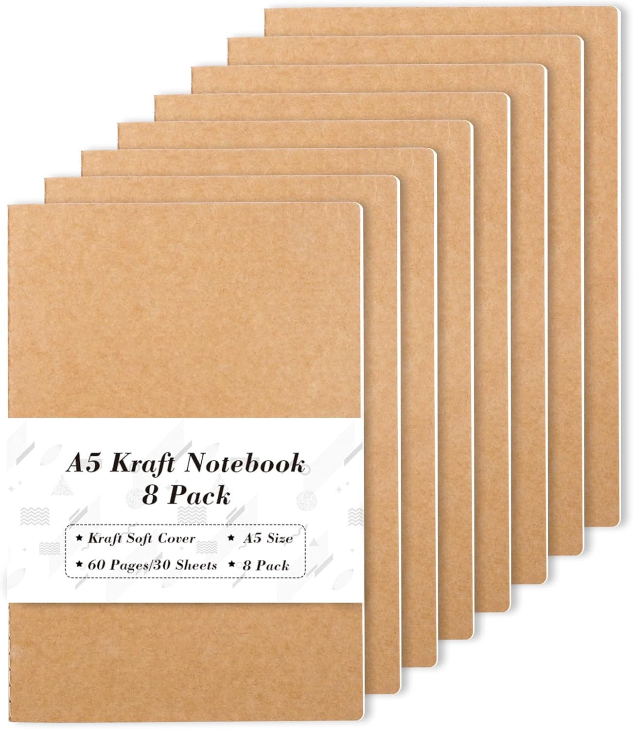 A5 Kraft Notebooks 8 Pack Soft Cover 60 Pages for School Office 8.3 x 5.5 in