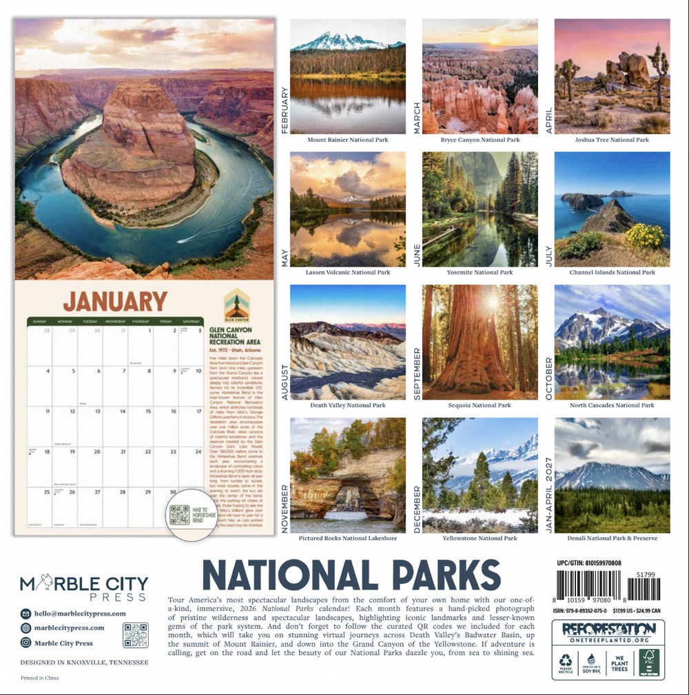 National Parks Calendar 2026 | 12″ x 24″ 12 Month Calendar | Marble City Press
