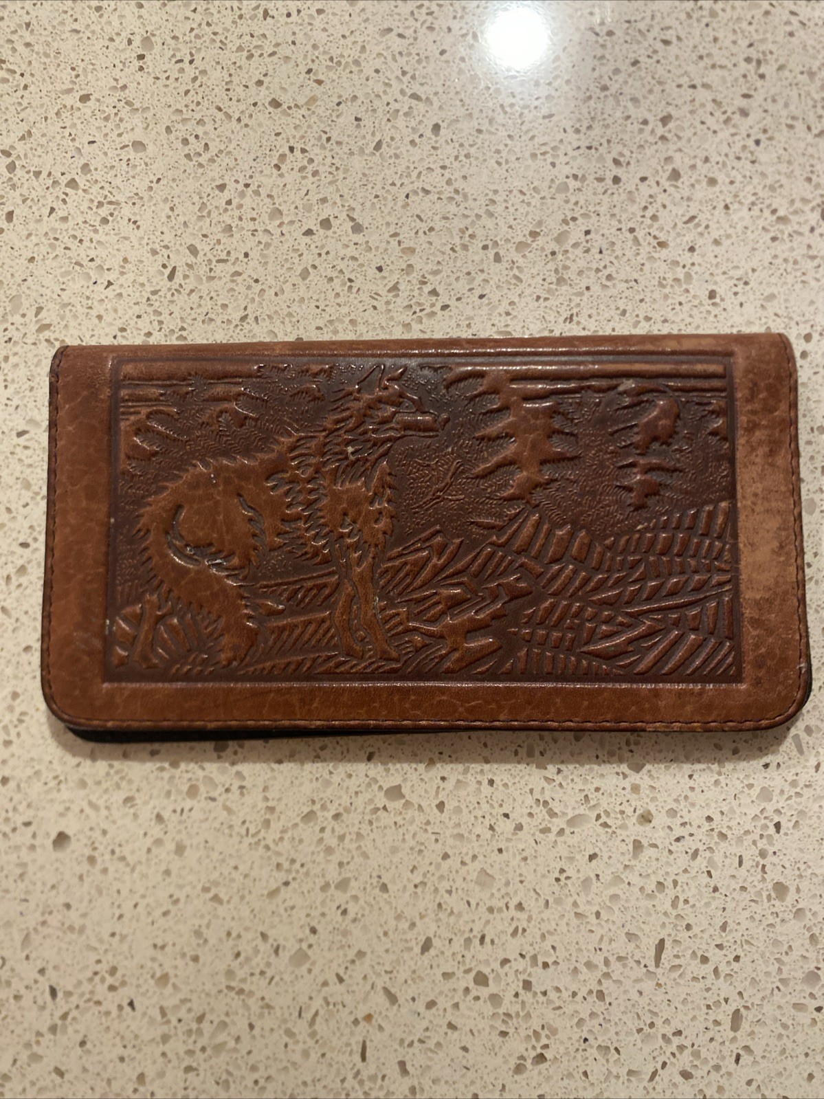 Oberon Design Pebbled Leather Check Book Cover – Brown With Wolf