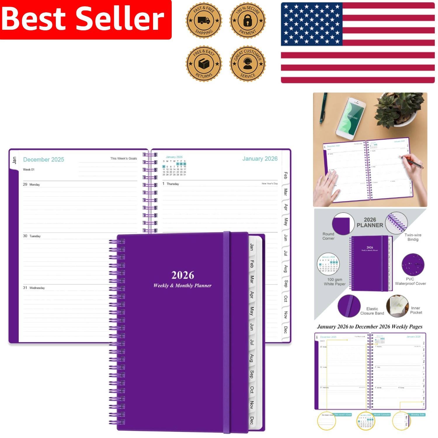 Compact 2026 Weekly Planner: Spiral Bound, 6.4″ x 8.5″, Stylish Organization