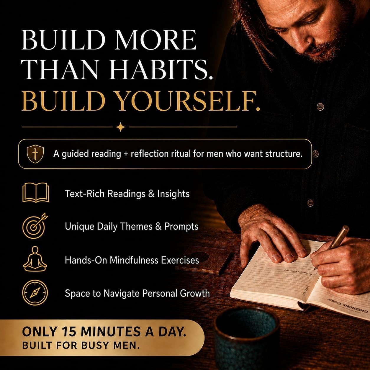 Guided Mindfulness Journal & Solid Brass Pen Set for Men – A5 Leather