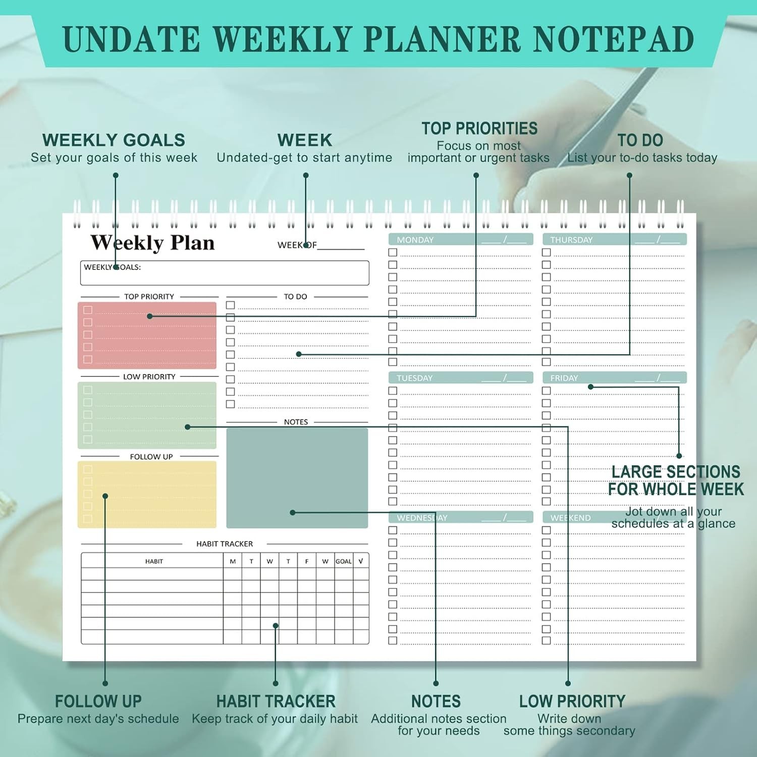 8.5×11 Weekly Goal Tracker Notebook – 52 Undated Sheets for All