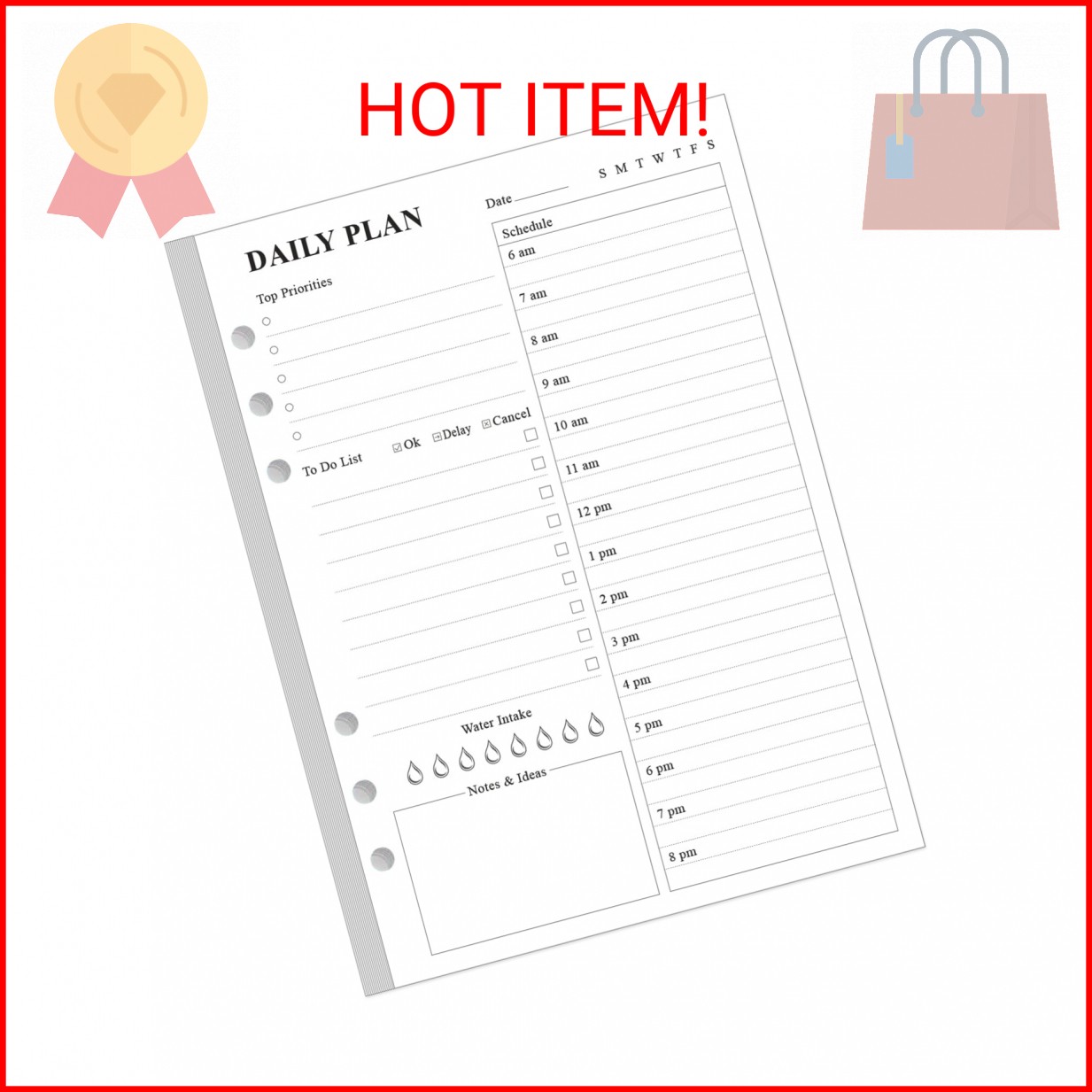 6-Hole Punched To Do List Insert – Undated Daily Planner Refill for A5 Binder,10