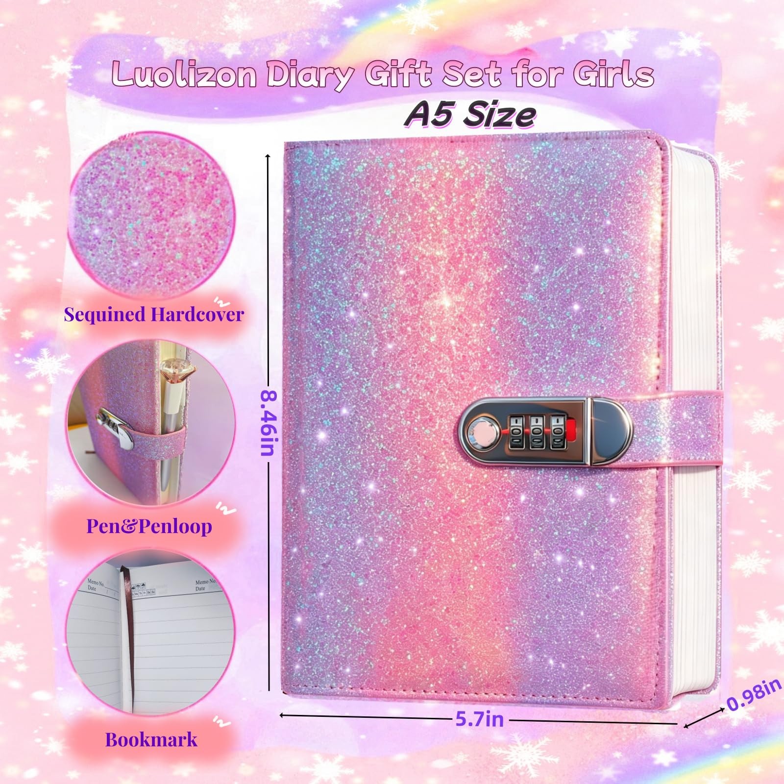 Diary with Lock for Girls A5 Size 8×6 Inches – Ideal Birthday Gift Set