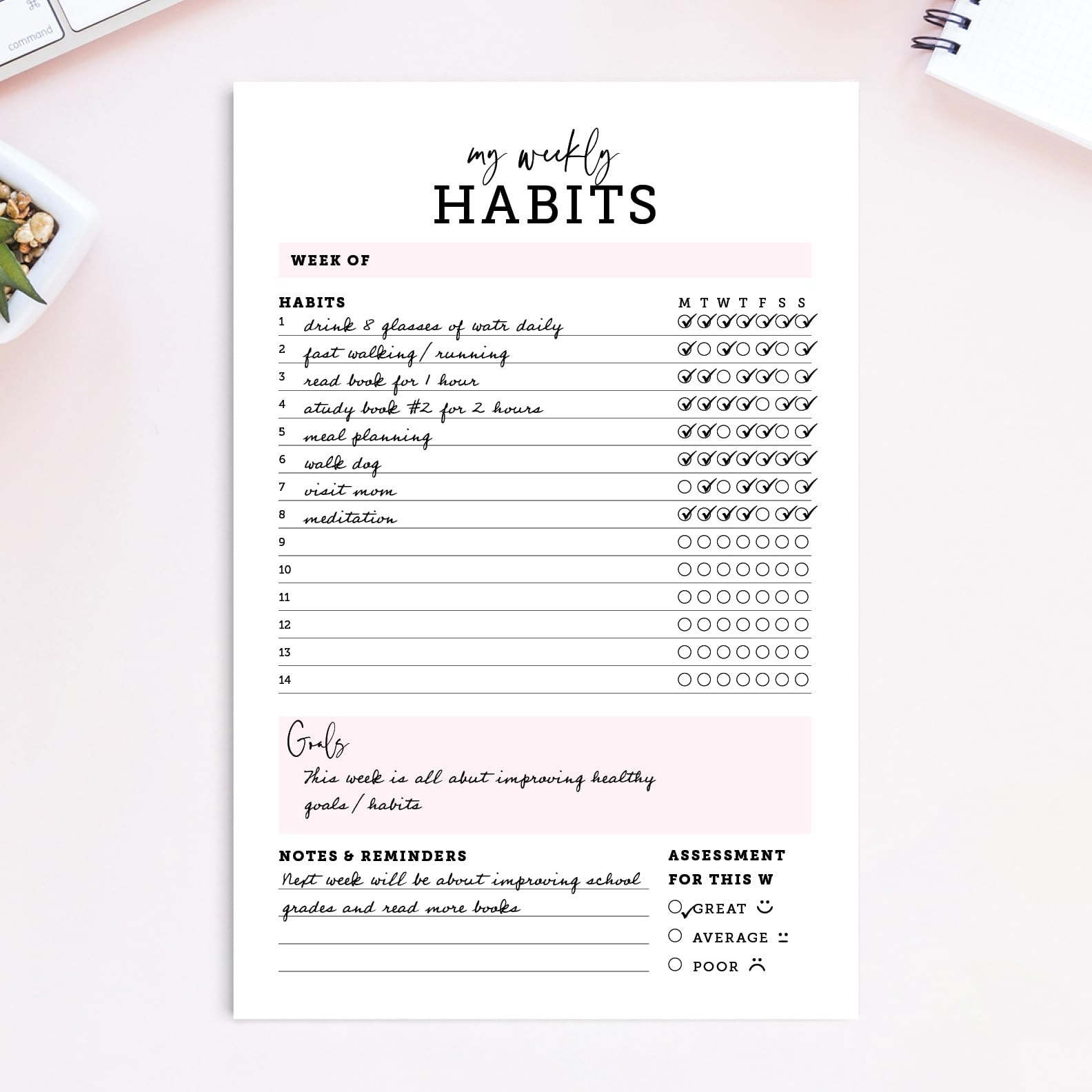 CARDAMONOLY Habit Tracker Notepad 6 inches X 9 inches, My Weekly Habits 6 x 9