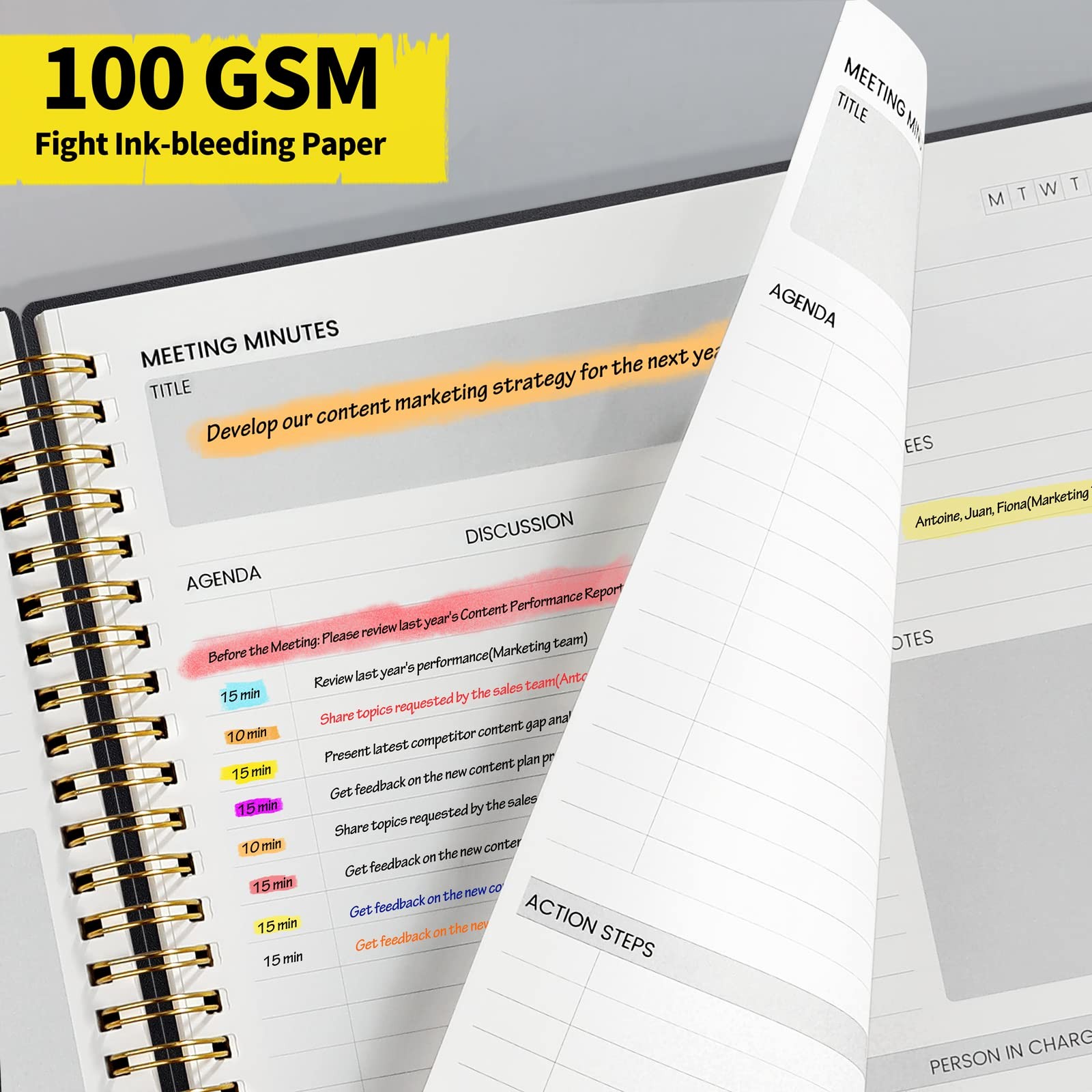 SUNEE Meeting Notebook for Work with Sticky Tabs – 160 Pages, 8.5″x11″, Black