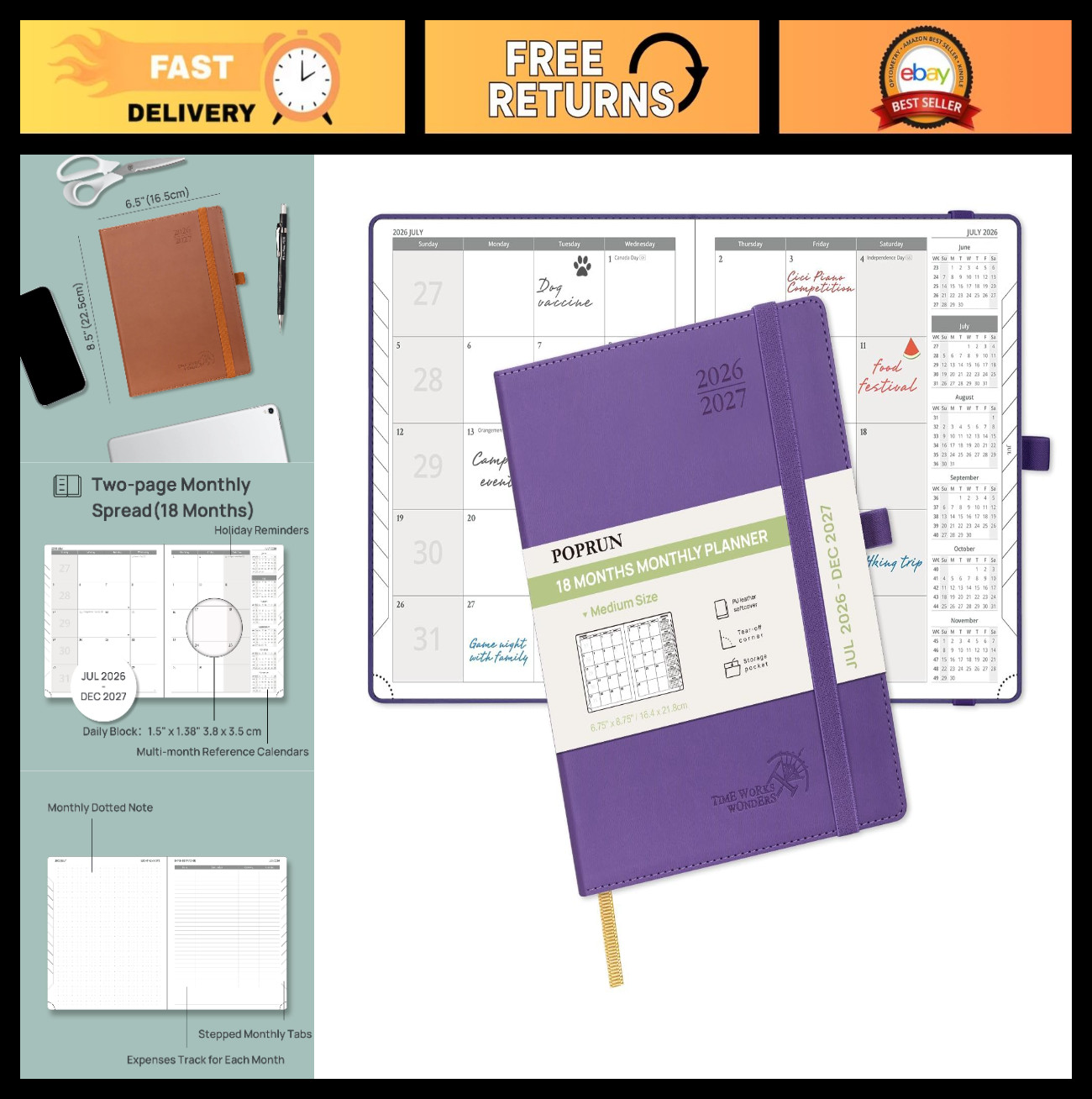 2026-2027 Monthly Planner – 18-Month Calendar Book, Soft Cover, 6.5”x8.5”, Tab