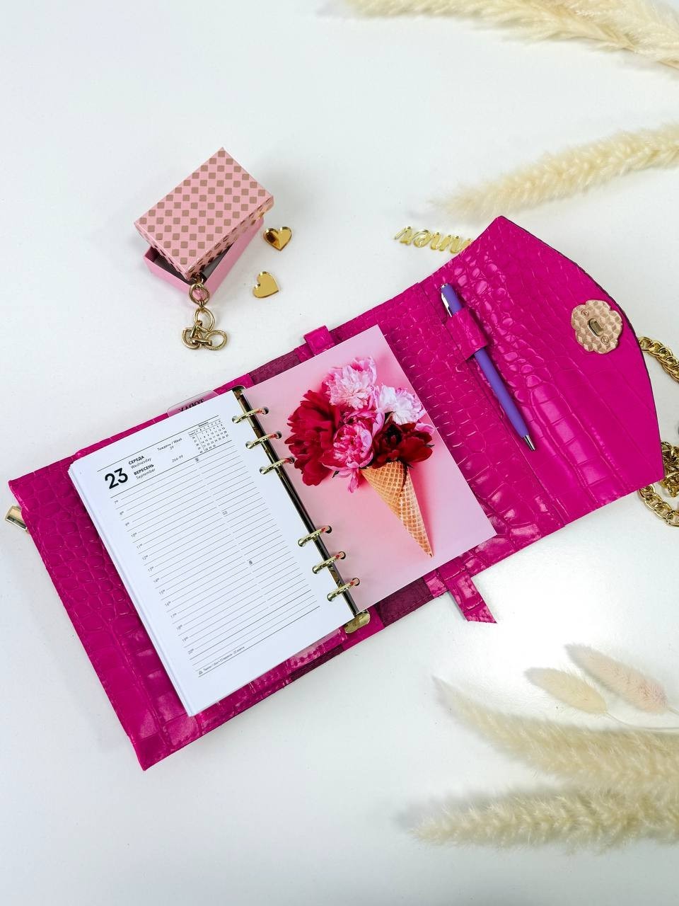 Pink A6 leather notebook cover-bag binder 6-Rings. Dated planner gift for her.