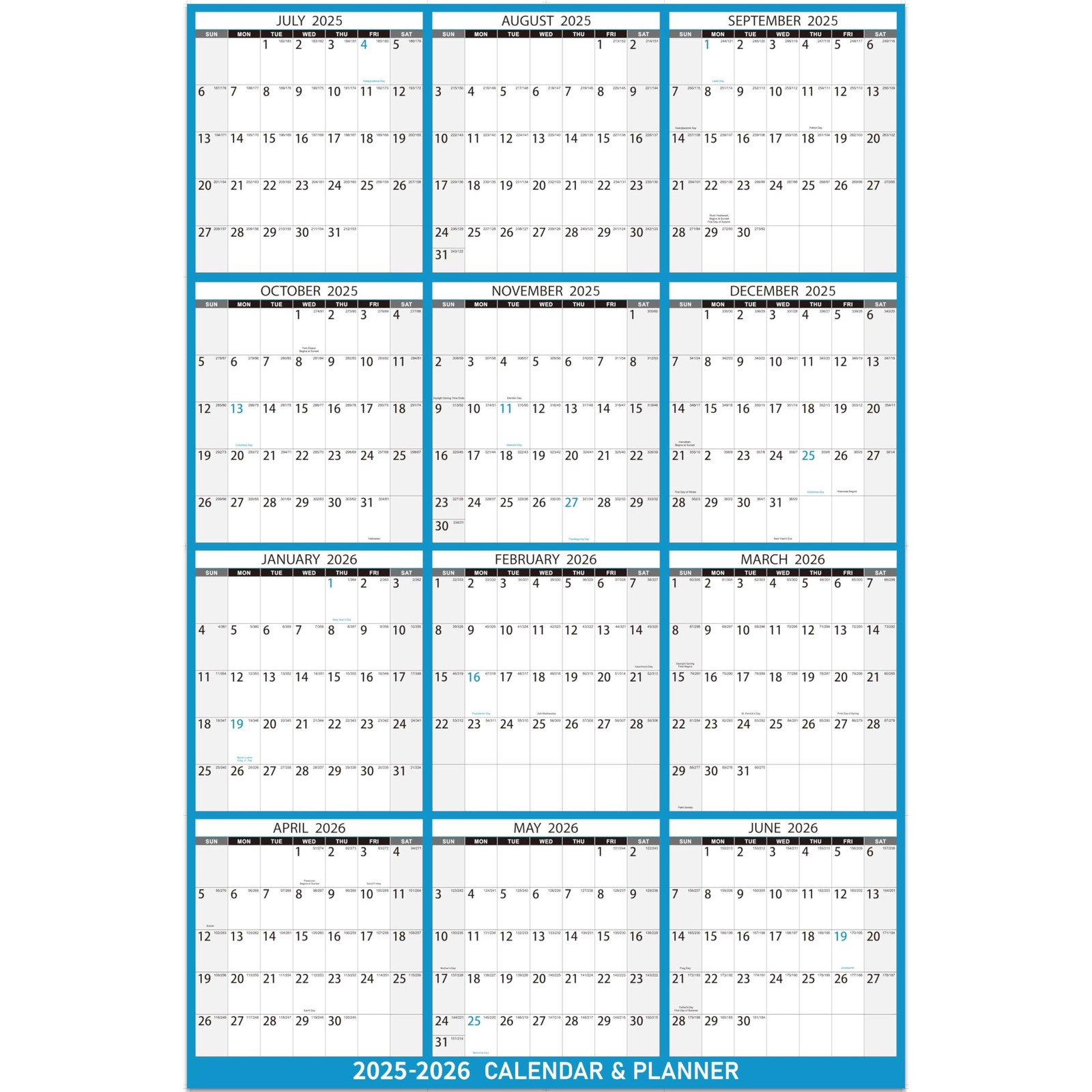 2025-2026 Yearly Wall Calendar – Large Dry Erase for Blue-25-26