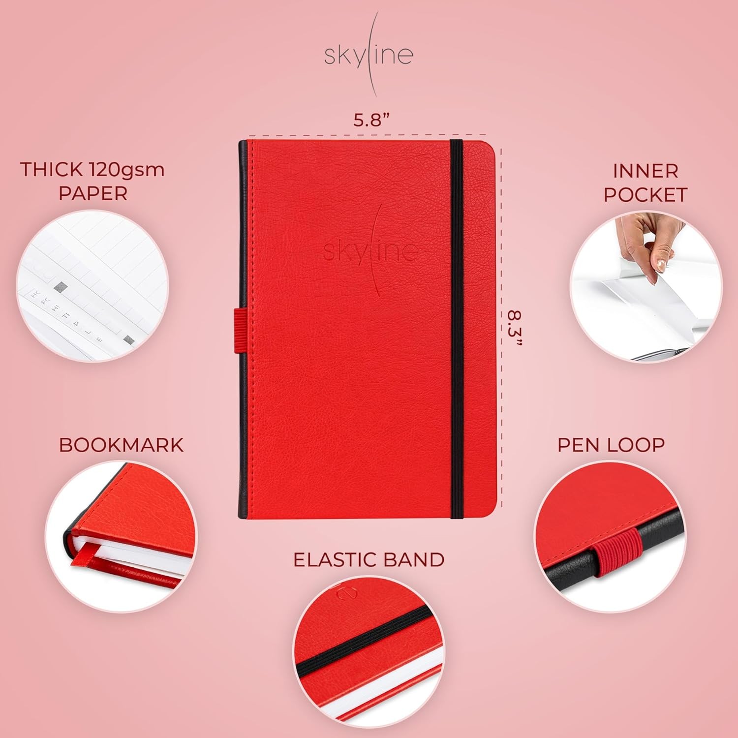 Skyline Registro de cheques – Libro registro A5 (5.8” x 8.3”), Rojo –