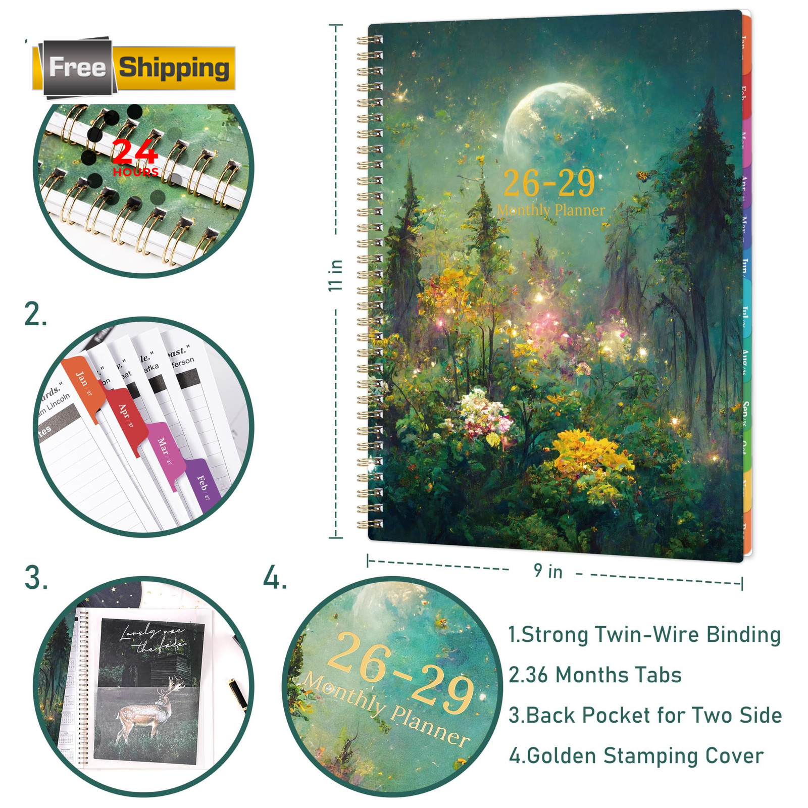 2026-2029 Monthly Planner/Calendar – 9 X 11 inches, Dreaming Moonlight Green