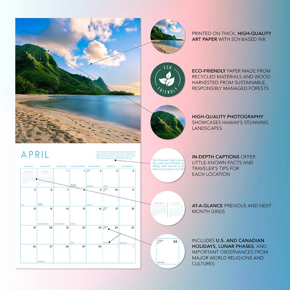 Hawaii Calendar 2026 | 12″ x 24″ 12 Month Calendar | Marble City Press