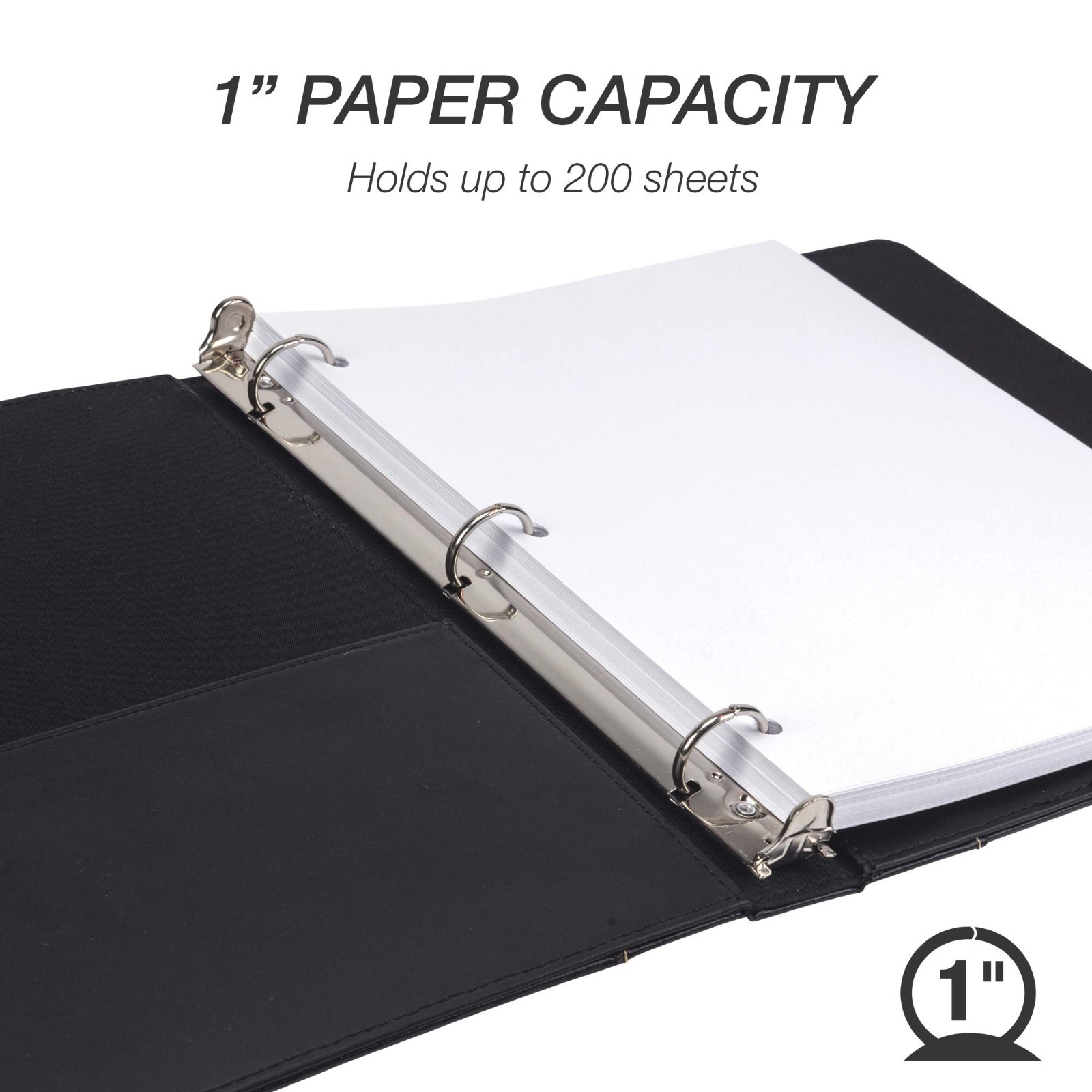 Leather 1-Inch 3-Ring Binder, Black with Contrast Stitching, 8.5×11″ Organizer,