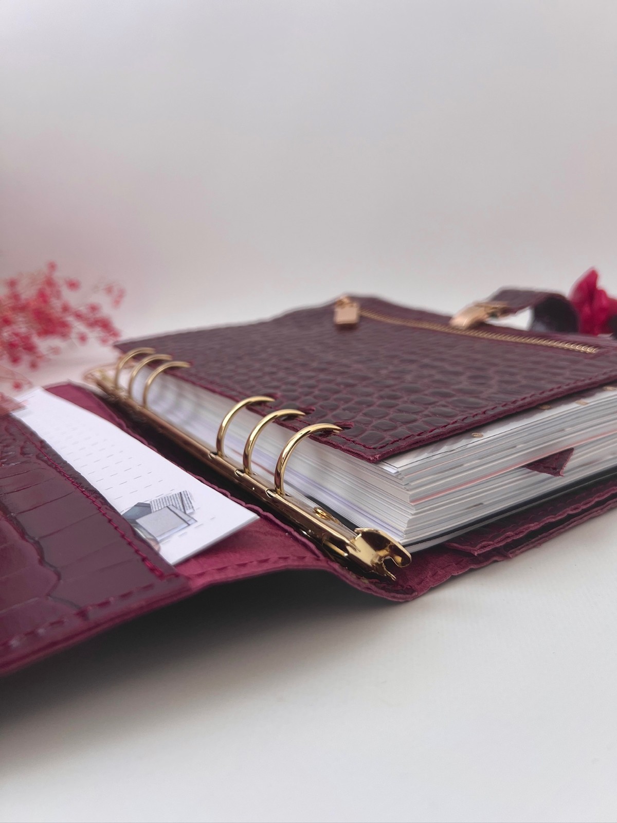 Burgundy Leather notebook cover A5 big binder 6 rings. Dated 2026 Planner.