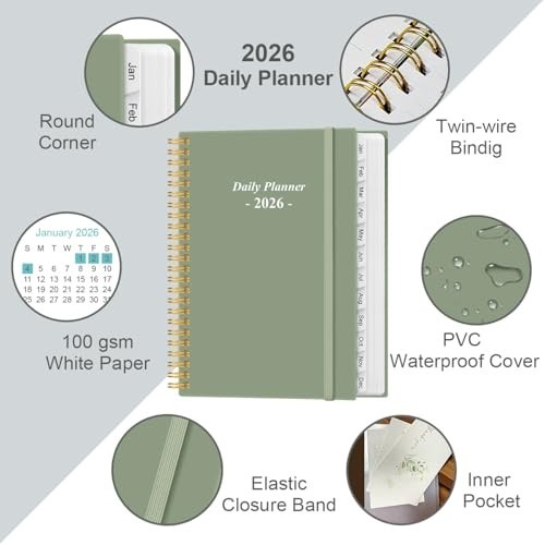 2026 Daily Planner – Full Page Per Day, Monthly Tabs, 6.4″x8.5″, Green, Jan-Dec