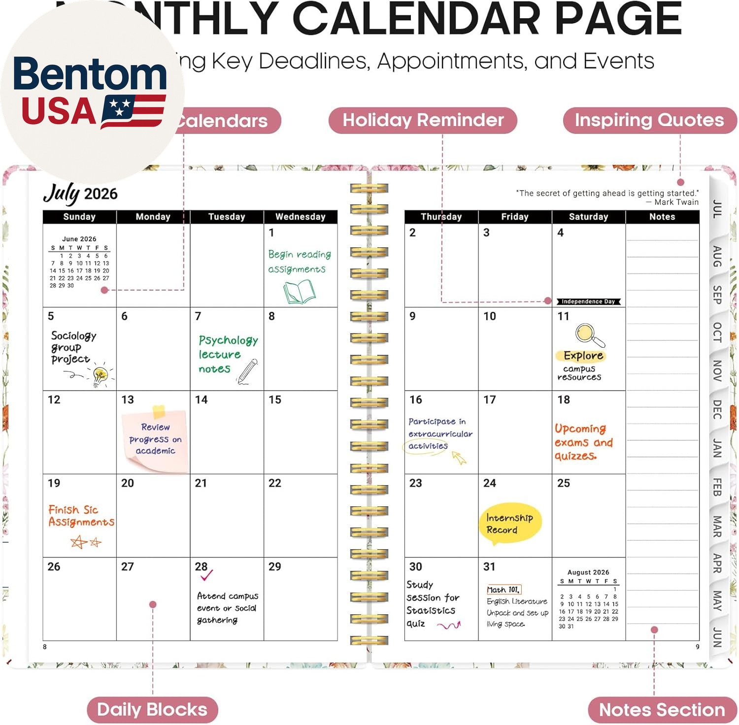 Planner 2026-2027, Academic Year Monthly and Weekly Calendar Planner, Jul 2026 –