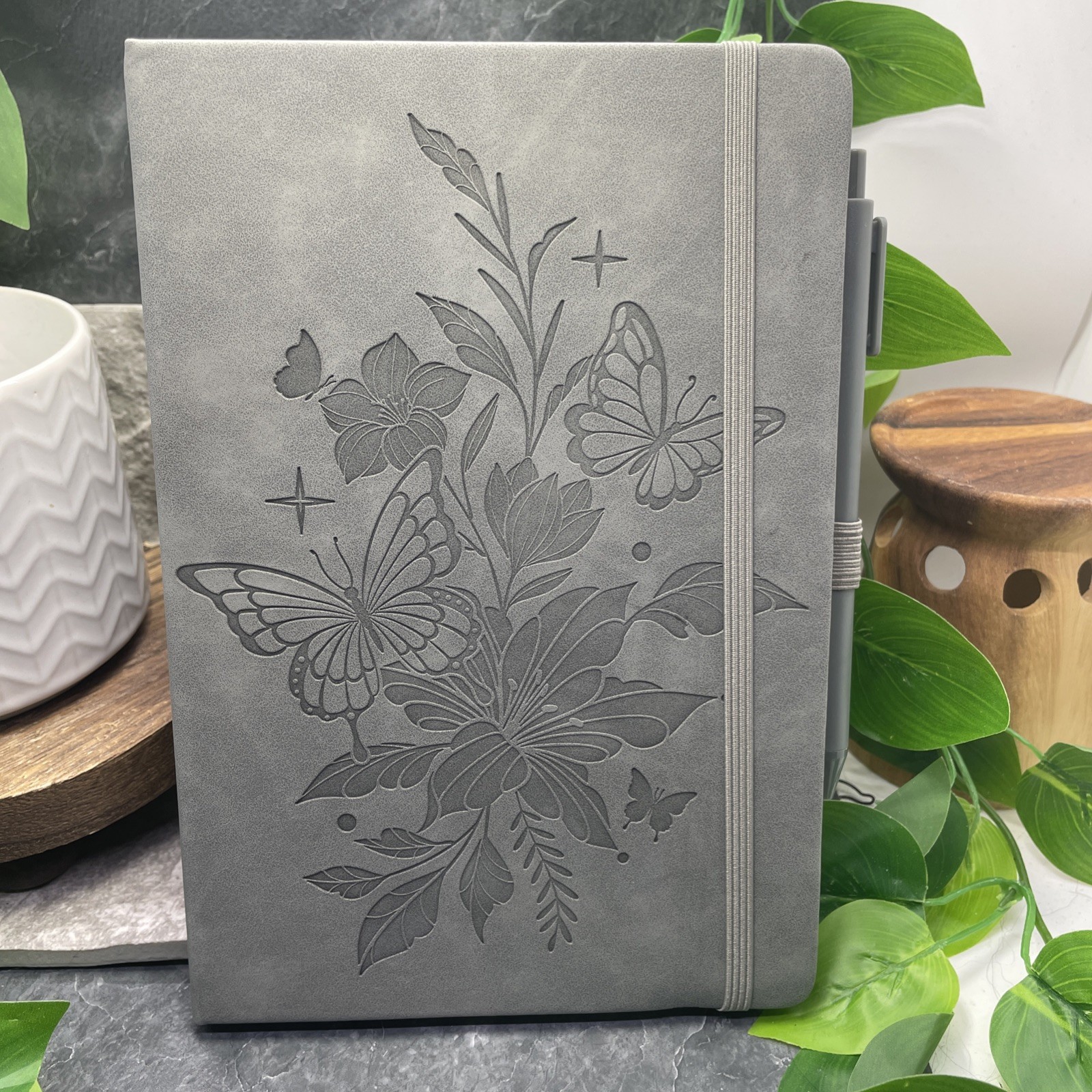 2 PC Leather Journal & Pen Set Lined 200 Pages 8×5″ Floral New Free Ship Grey