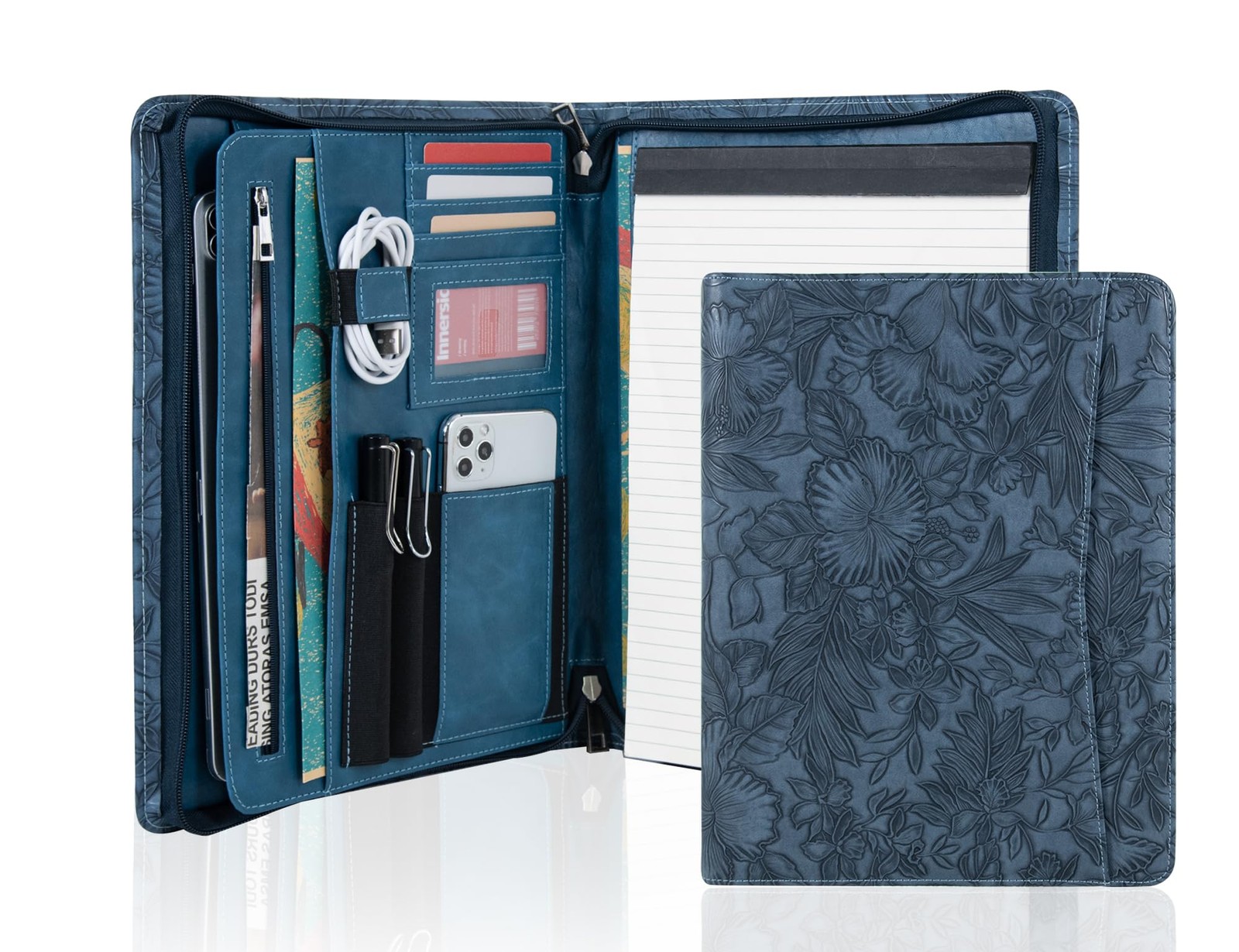Leather Padfolio Folio, Embossed PU Leather Portfolio with Zipper, Profession…