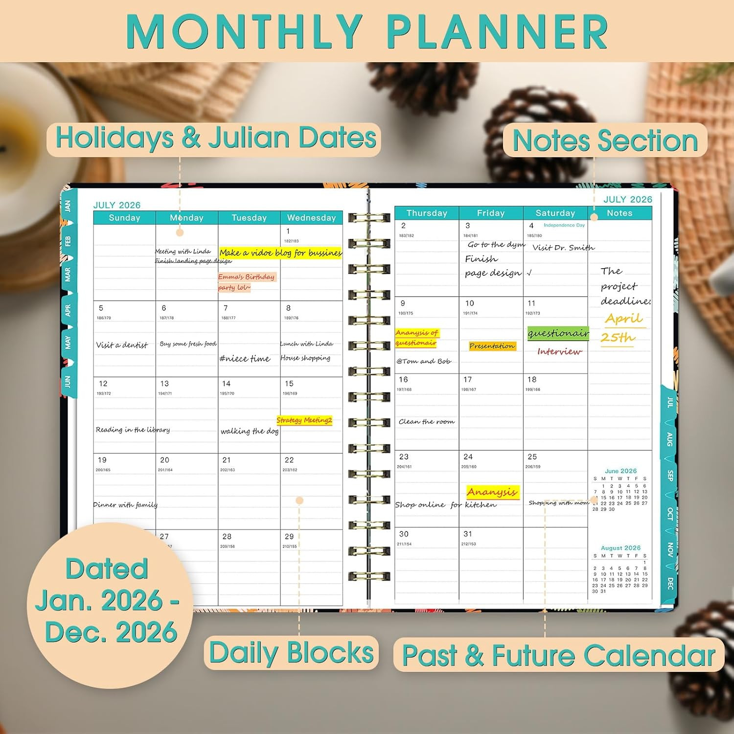 2026 Planner, Daily Weekly and Monthly Planner，Jan 2026 – Dec 2026