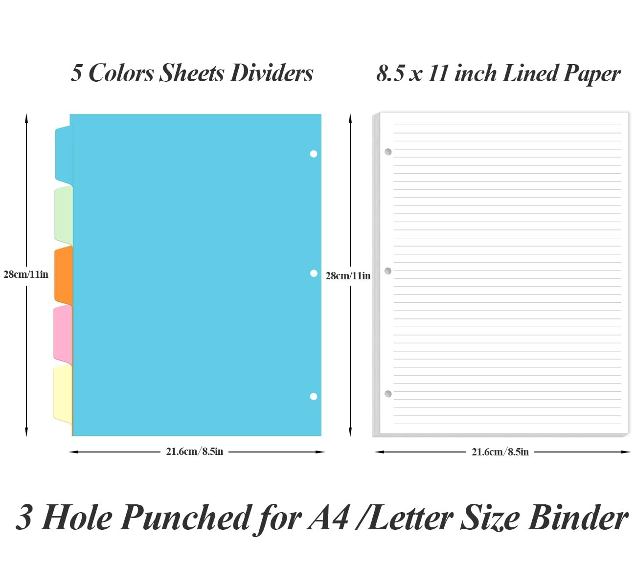 Loose Leaf Paper 3 Hole 50 Sheets/100 Pages 5 Sheets Dividers A4 Binder 8.5″ x