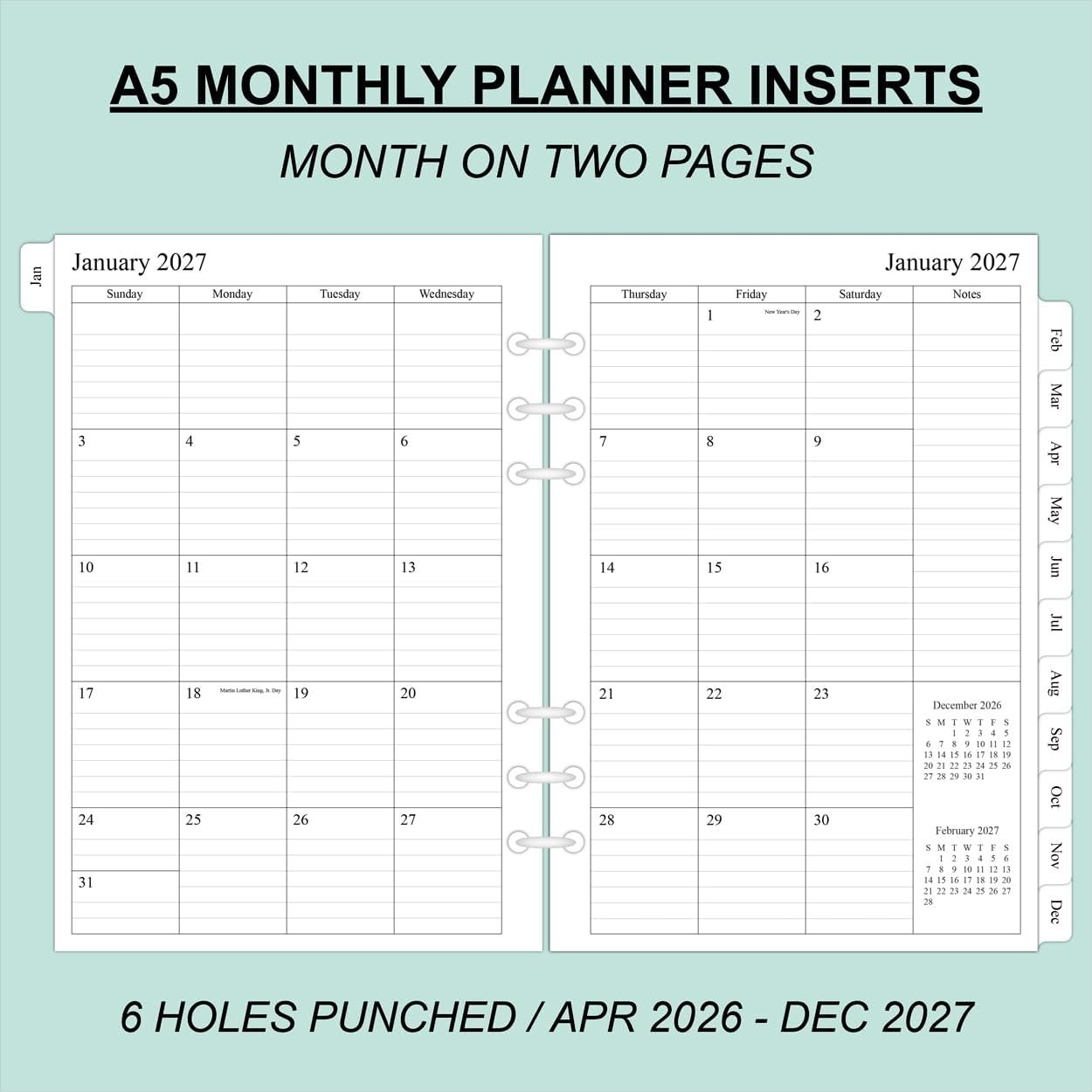 2026-2027 A5 Monthly Planner Refills – 21 , Durable 6-Hole Punched