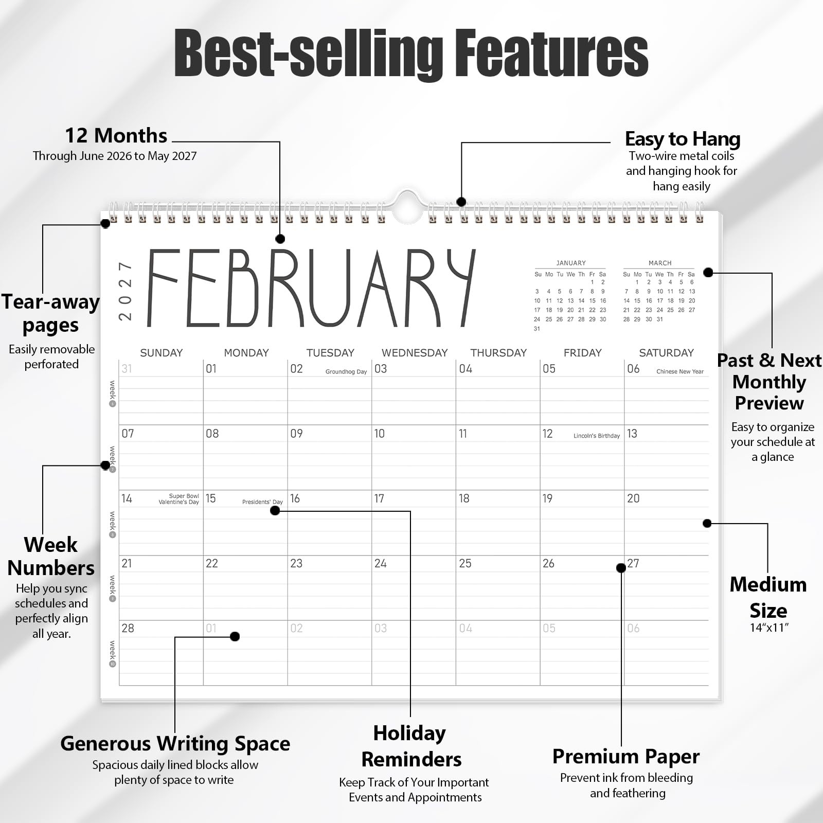GuassLee Wall Calendar 2026, 2026-2027 14″x11″, Jun 12month