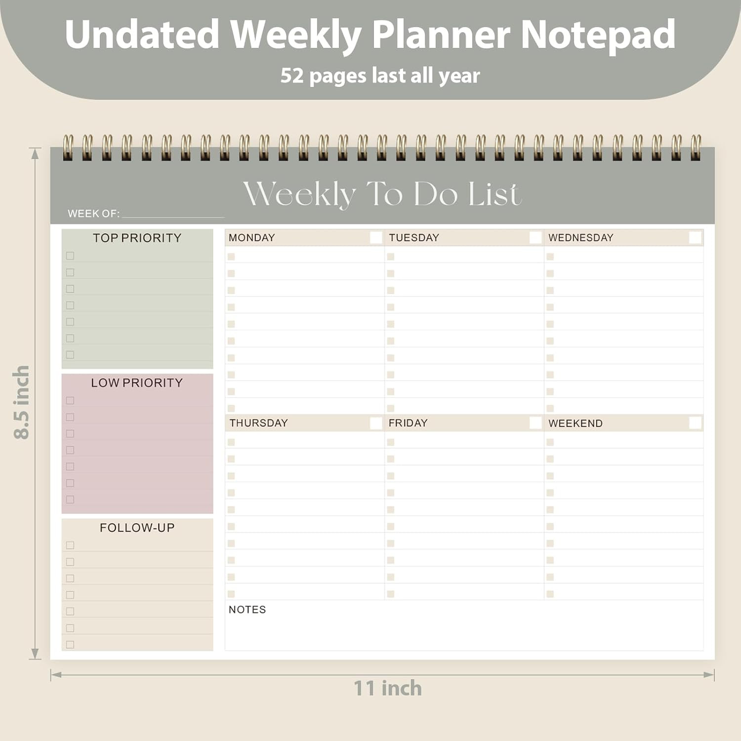 Weekly to Do List Notepad, Undated Planner with 52 Sheets (8.5”X11”), Desk Wee